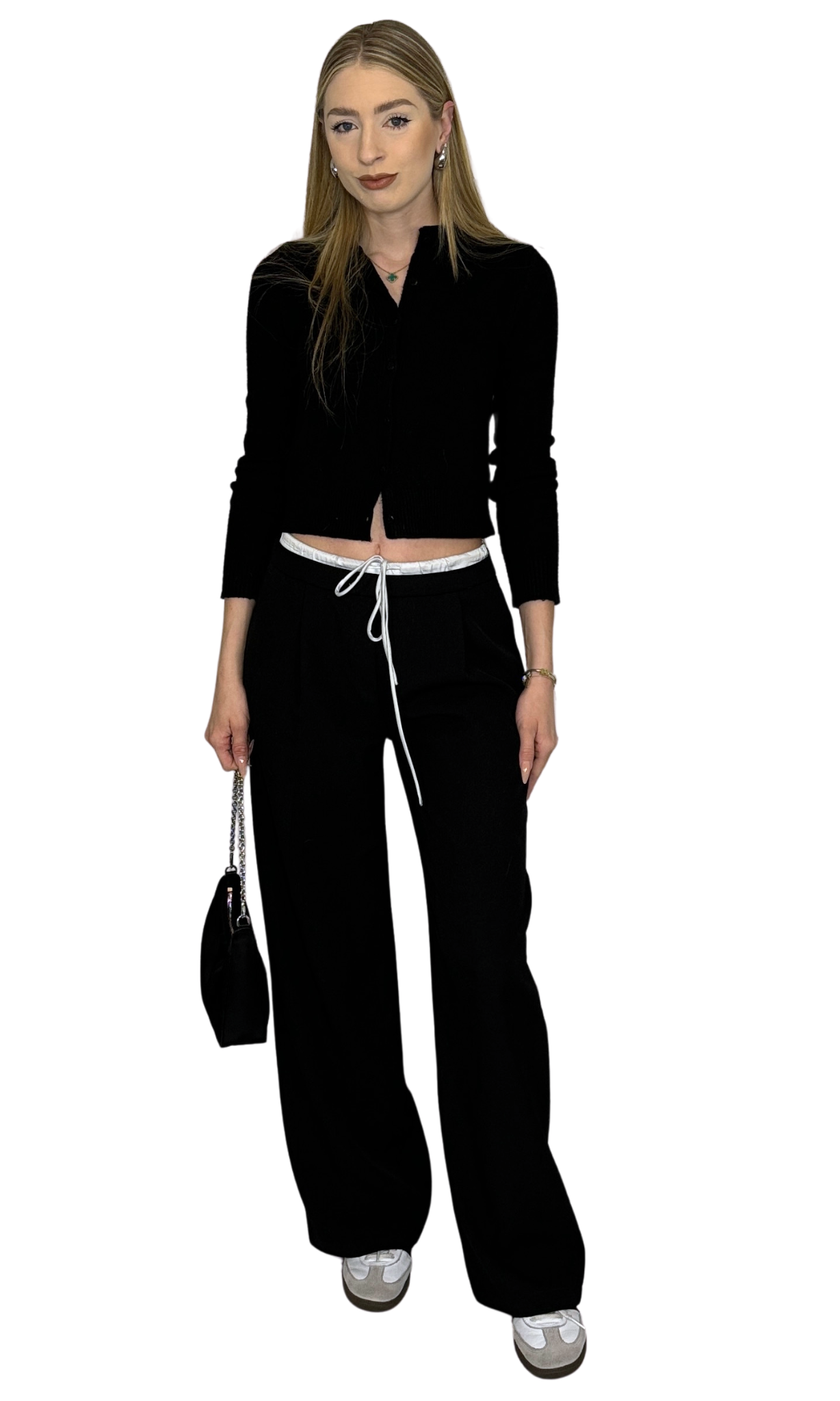 Women's minimalistic trousers with contrast satin-effect waistband, side zipper, drawstring for adjustable rise, and front/back pockets – versatile low to high-waisted fit