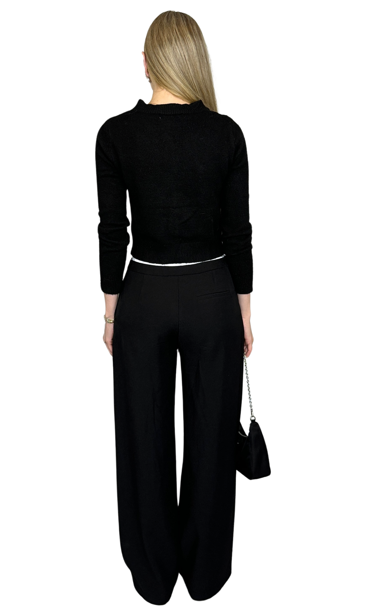 Women's minimalistic trousers with contrast satin-effect waistband, side zipper, drawstring for adjustable rise, and front/back pockets – versatile low to high-waisted fit