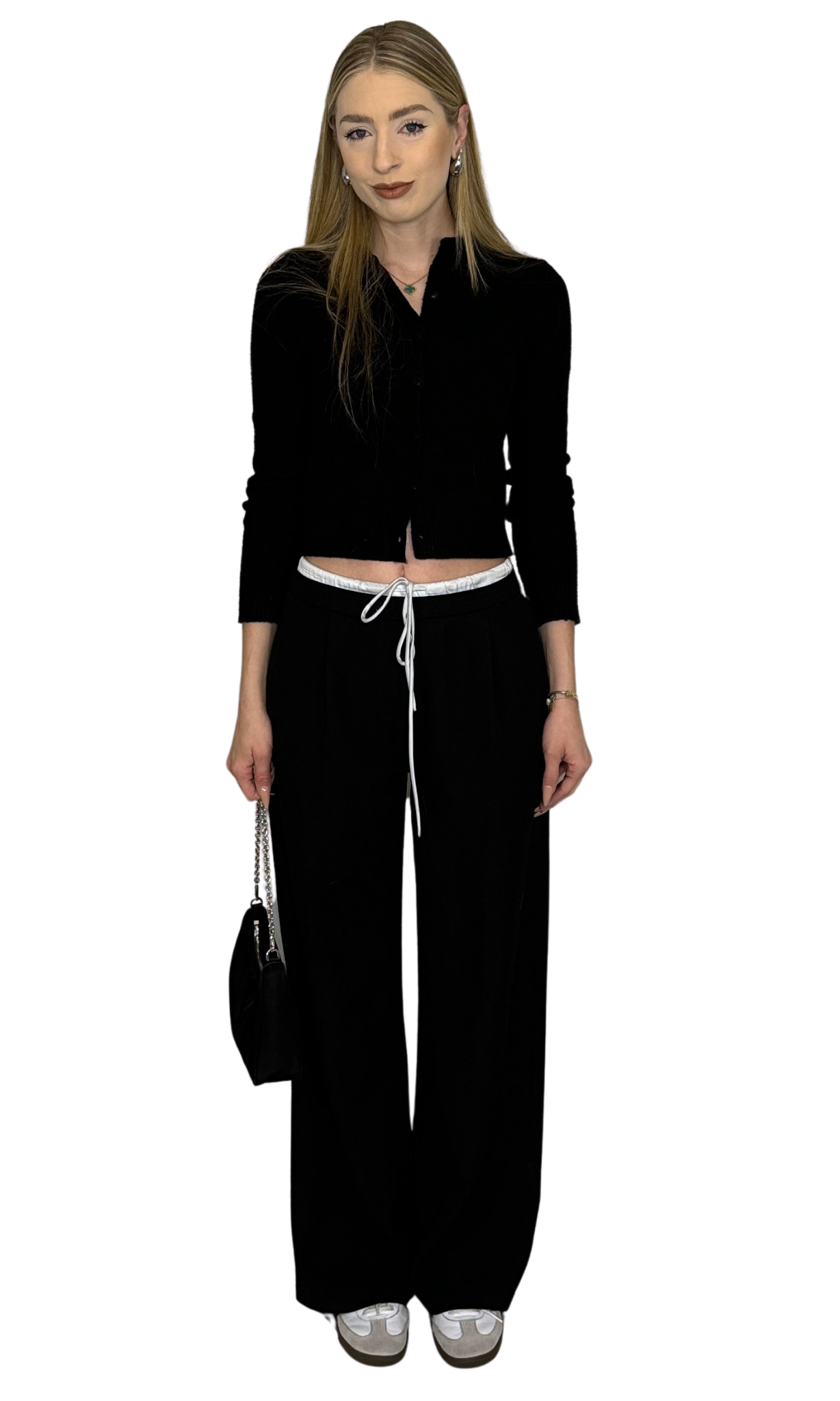 Women's minimalistic trousers with contrast satin-effect waistband, side zipper, drawstring for adjustable rise, and front/back pockets – versatile low to high-waisted fit