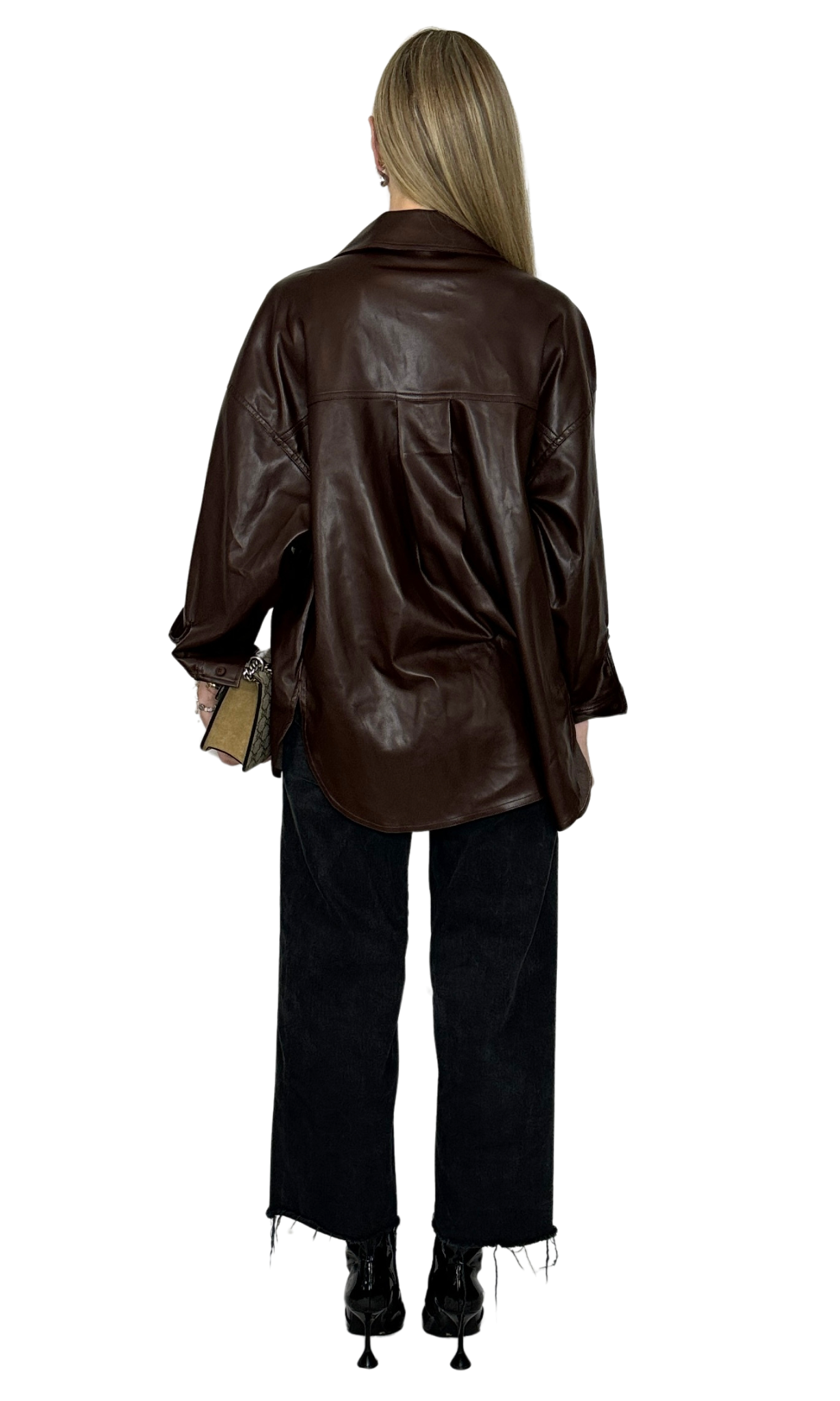 Dark brown faux leather button-down shirt with a longer back rounded hem, soft leather-like feel, and versatile styling options.