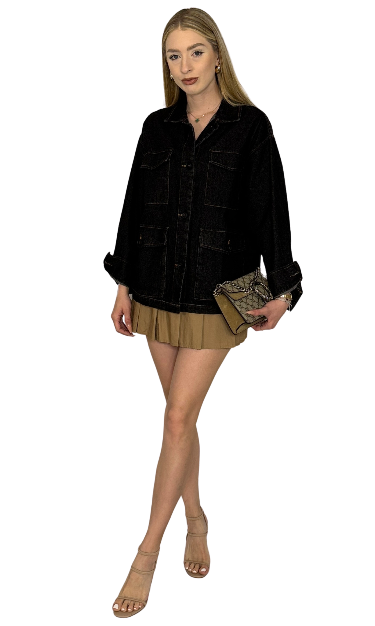 Dark wash denim jacket with a worn-in look, four front cargo pockets, and a casual relaxed fit for everyday style.