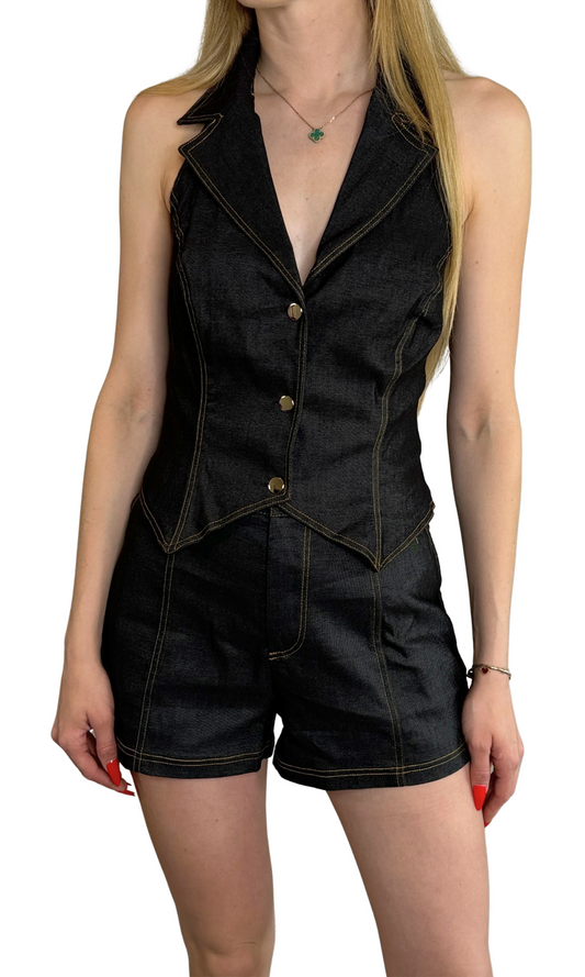 Denim-like two-piece set featuring a halter neck vest and high-waisted shorts, designed for a polished yet comfortable look perfect for versatile occasions.