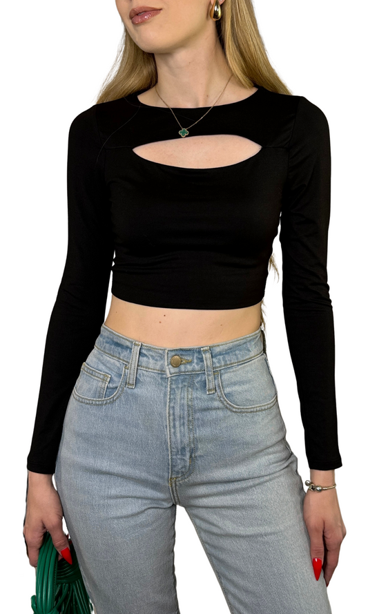 Double lined long sleeve crop top with front slit detail in lightweight fabric, offering a snug yet comfortable fit.