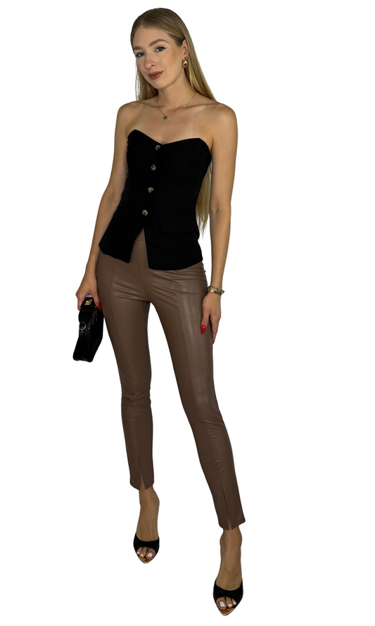 The Eden Leggings — mocha faux leather leggings with front slit and elastic waistband for a sleek, comfortable fit.