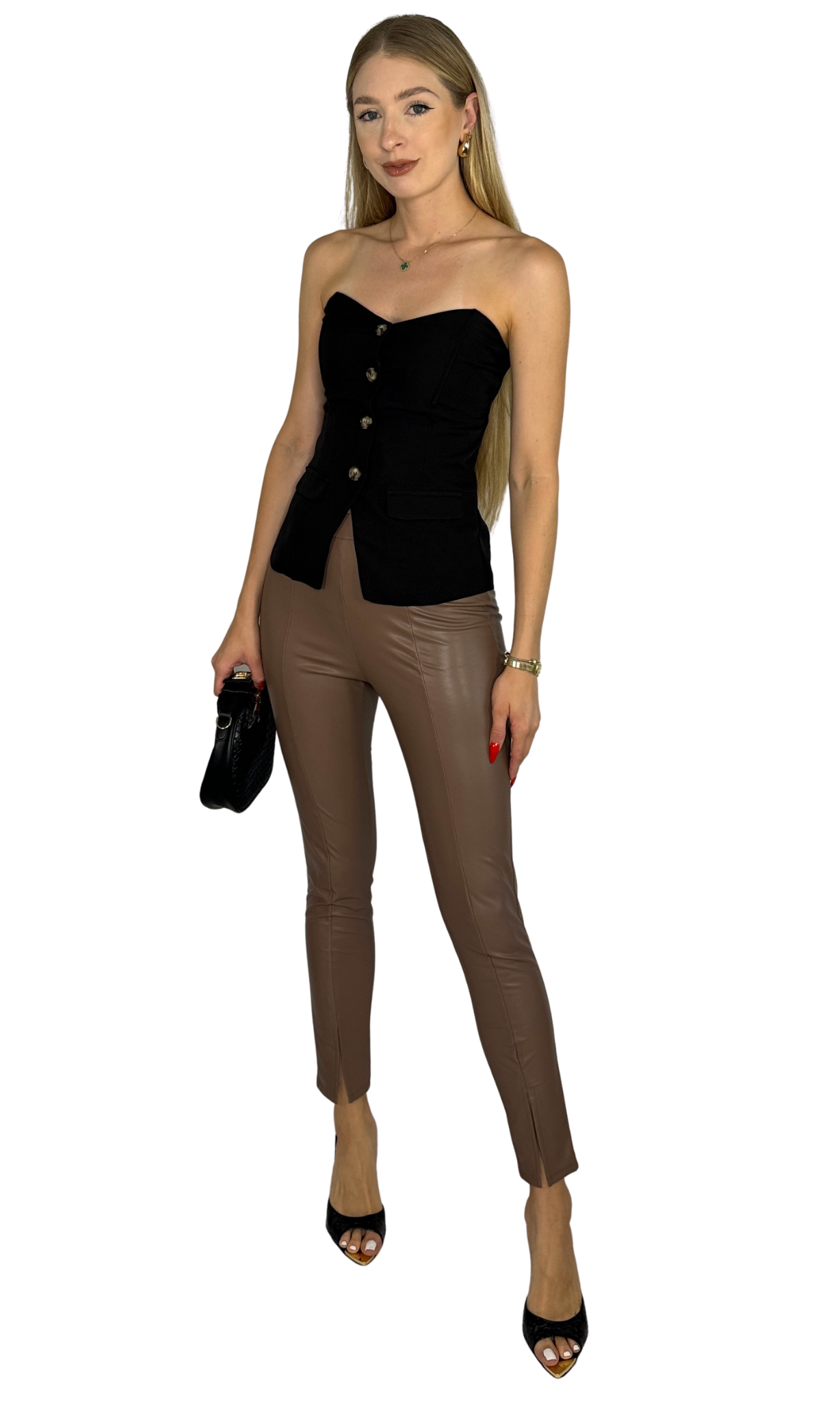 The Eden Leggings — mocha faux leather leggings with front slit and elastic waistband for a sleek, comfortable fit.