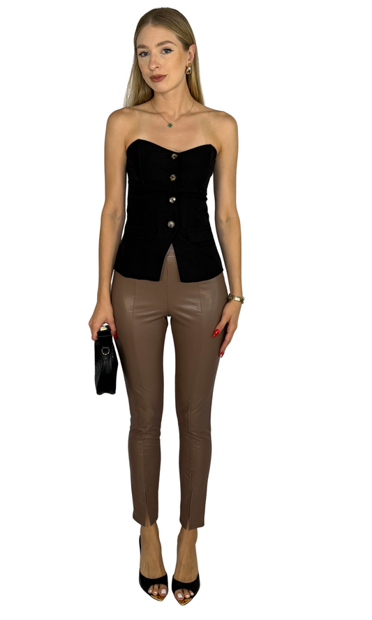 The Eden Leggings — mocha faux leather leggings with front slit and elastic waistband for a sleek, comfortable fit.