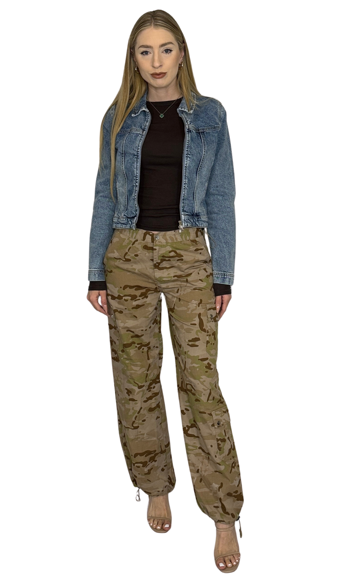 Women's low-waisted camo cargo pants with bungee ties at waist and ankles – adjustable fit and versatile streetwear staple