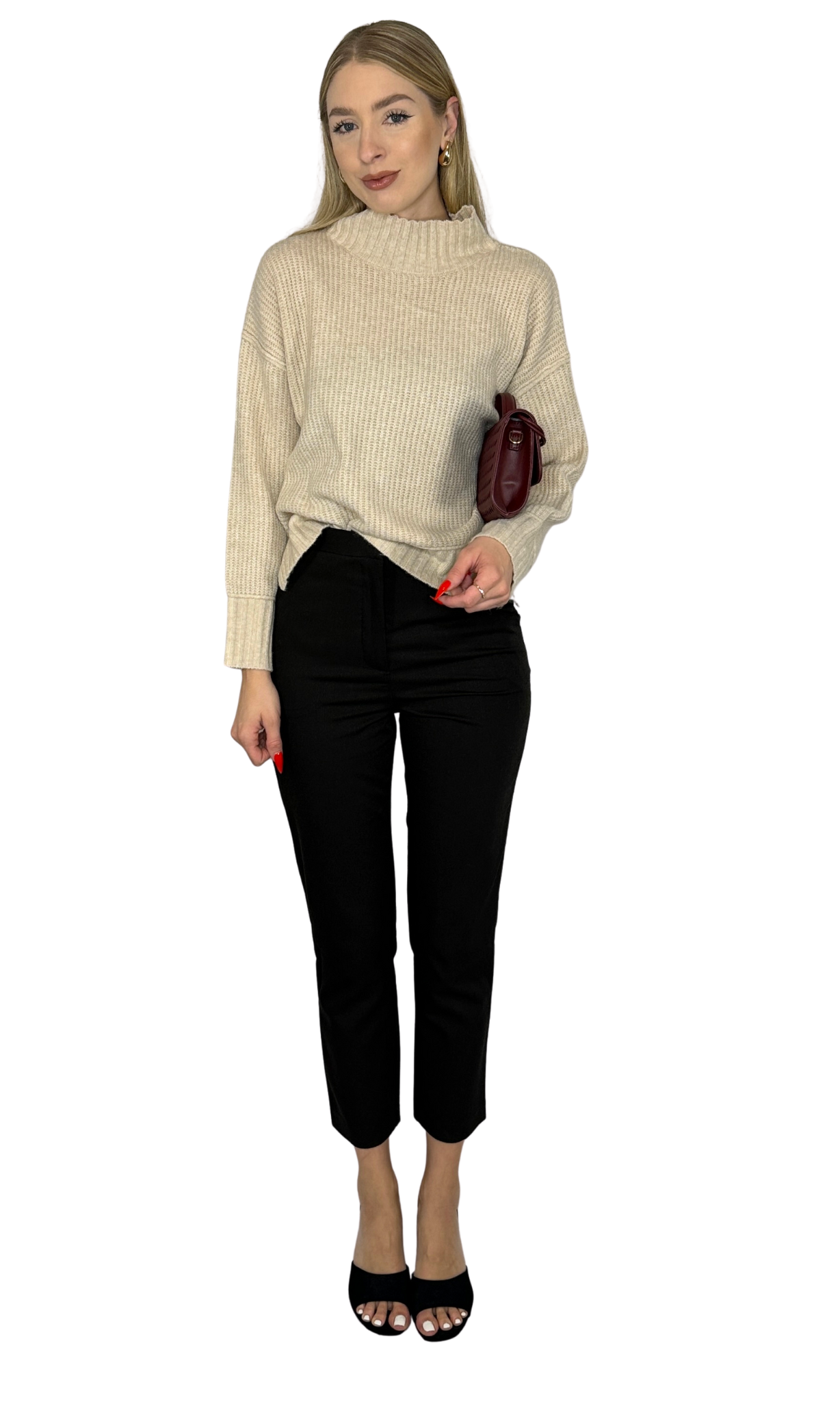 Ellora Sweater in warm beige, featuring soft rib knit fabric, a mock neck, long sleeves with extended cuffs, drop shoulder design, and split hem. A refined and versatile piece perfect for layering or standalone wear.