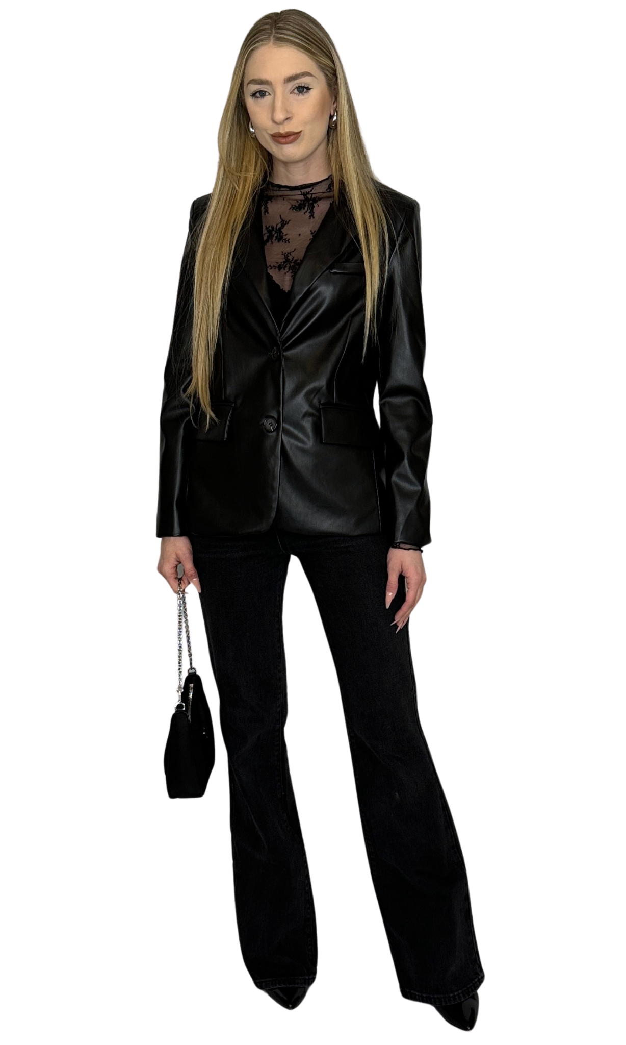 Lightweight faux leather blazer with a tailored fit, designed for a polished, sophisticated look perfect for business or a night out.