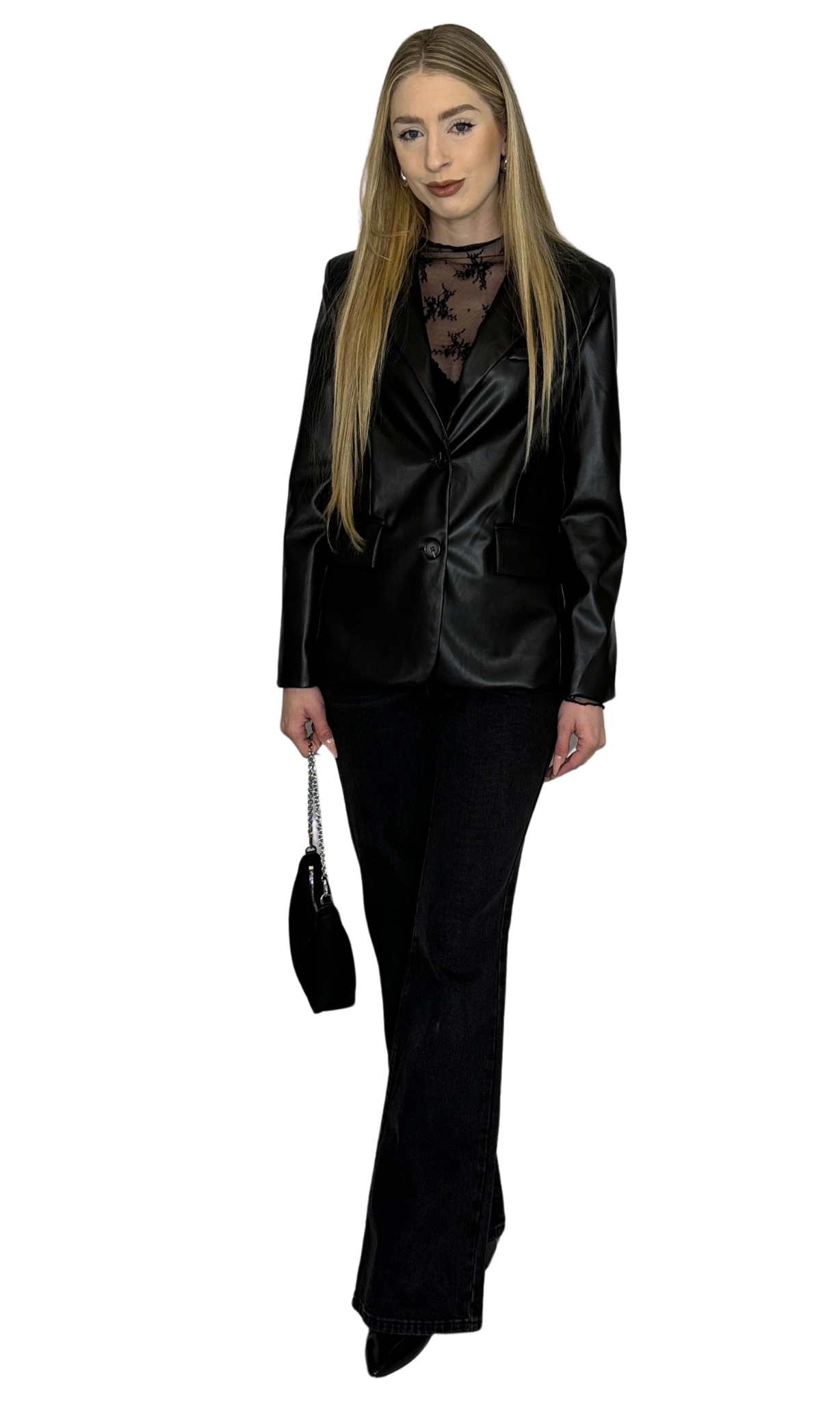 Lightweight faux leather blazer with a tailored fit, designed for a polished, sophisticated look perfect for business or a night out.