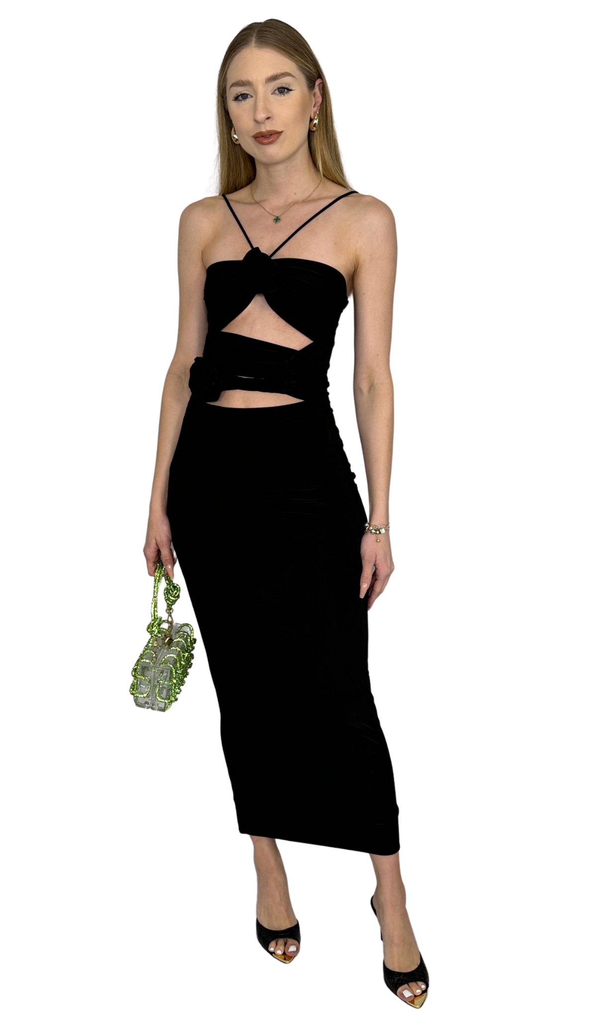 Black midi dress with front cutout, rose accents, and back tie straps – romantic and versatile women’s fashion piece