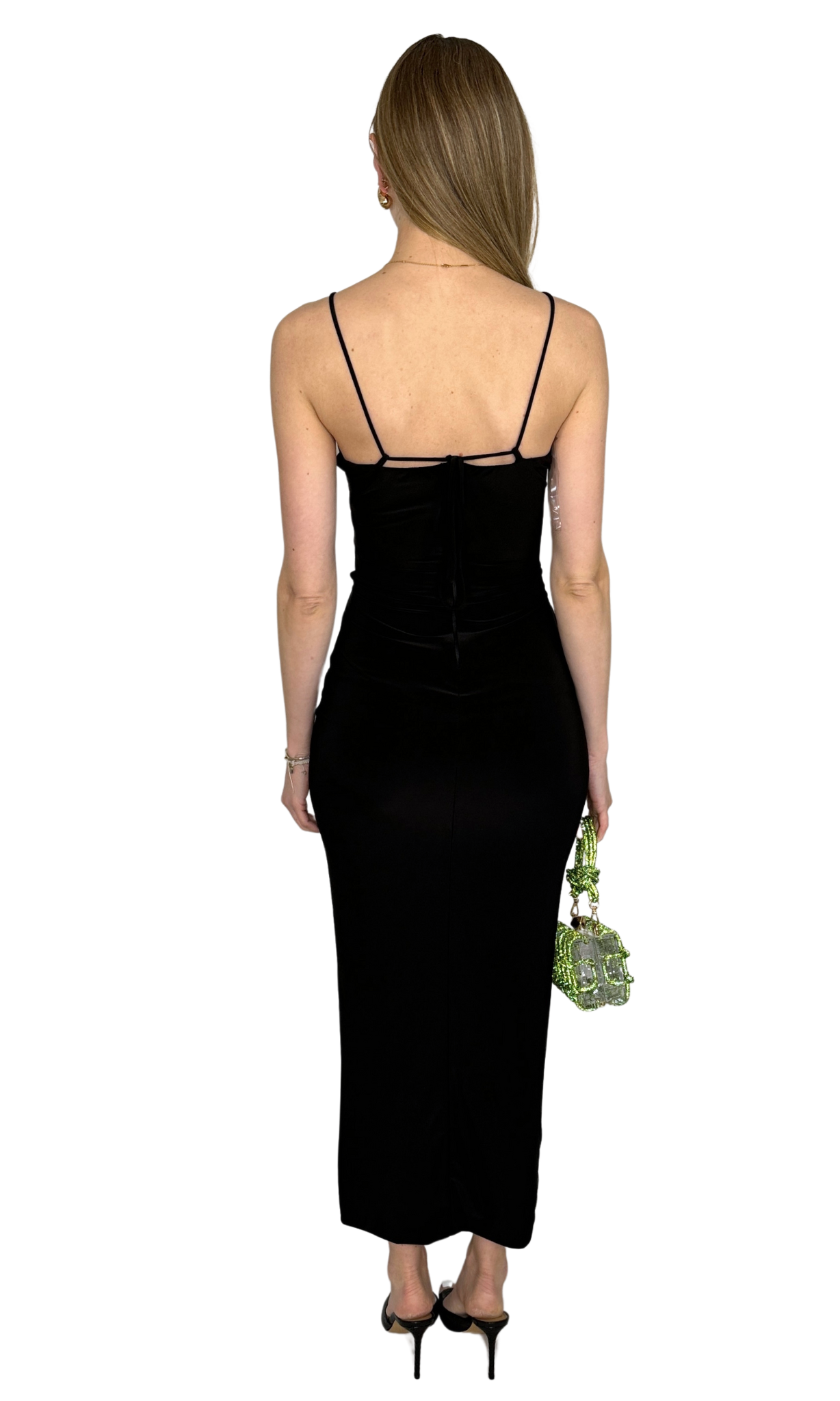 Black midi dress with front cutout, rose accents, and back tie straps – romantic and versatile women’s fashion piece