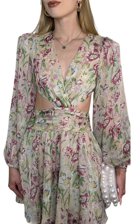 Nude, magenta, and green floral print dress featuring a deep V-front neckline, cut-out sides, hidden skirt zipper, and back panel zipper, showcasing a vibrant and intricate pattern perfect for special occasions.