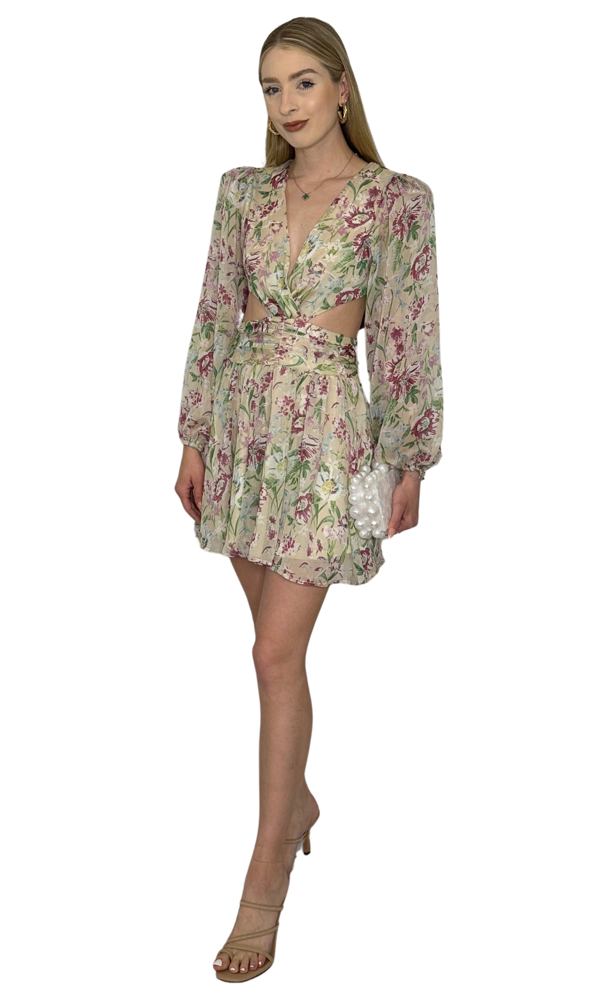 Nude, magenta, and green floral print dress featuring a deep V-front neckline, cut-out sides, hidden skirt zipper, and back panel zipper, showcasing a vibrant and intricate pattern perfect for special occasions.