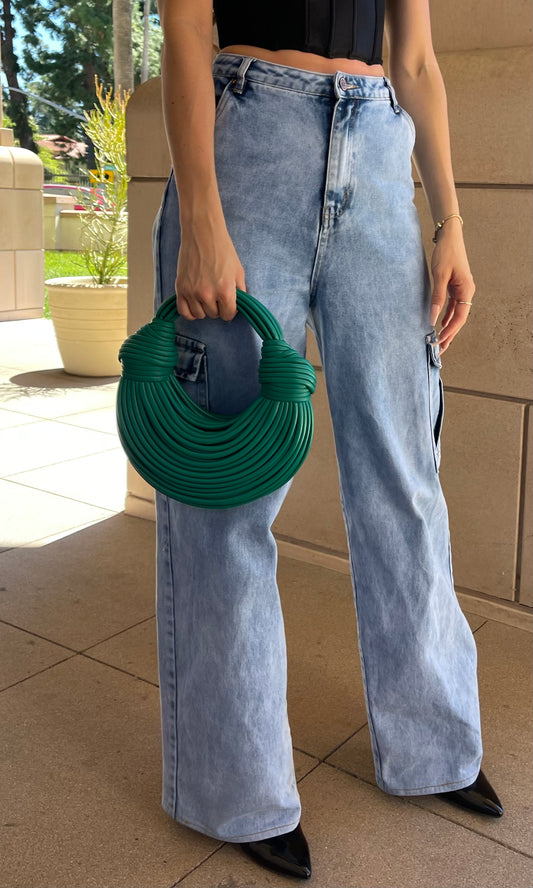 Green top handle bag with built-in zipper pouch, detachable strap, and lightweight casual design for everyday use.