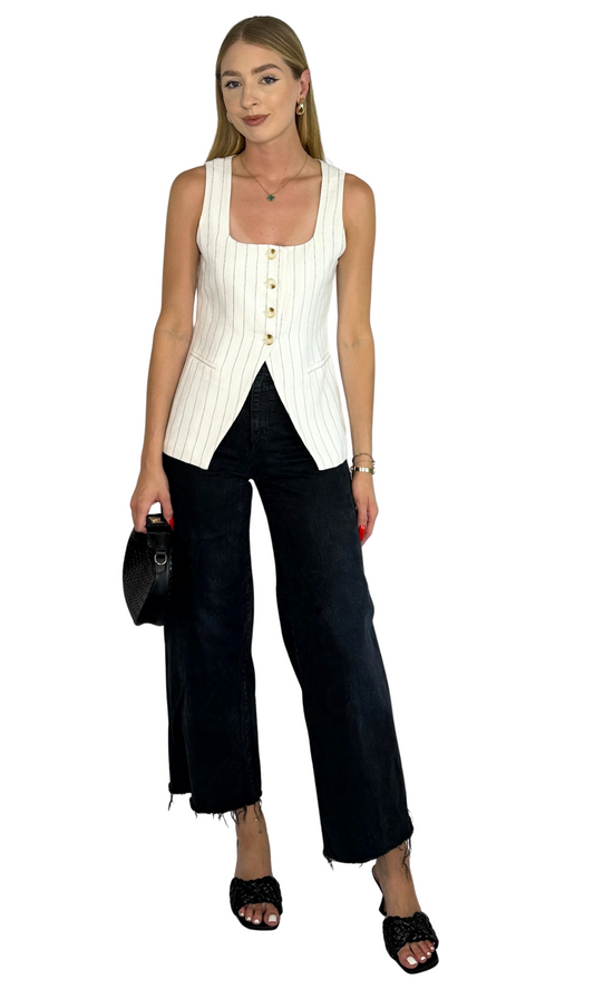 Haven striped vest top in white with thin black stripes, featuring a square neckline and full lining for a polished, playful fit perfect for layering.
