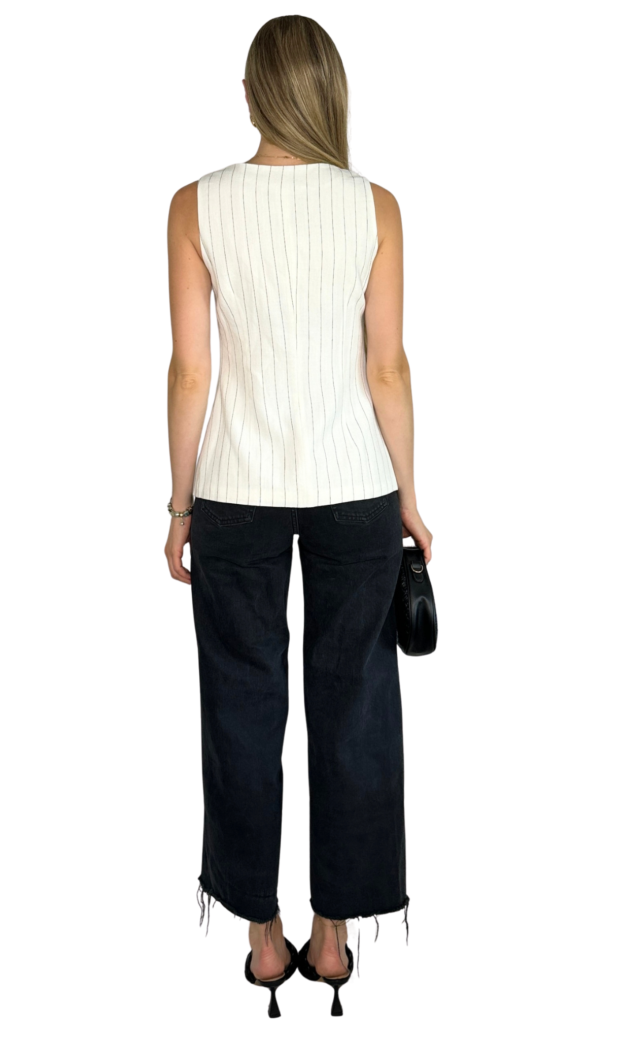 Haven striped vest top in white with thin black stripes, featuring a square neckline and full lining for a polished, playful fit perfect for layering.