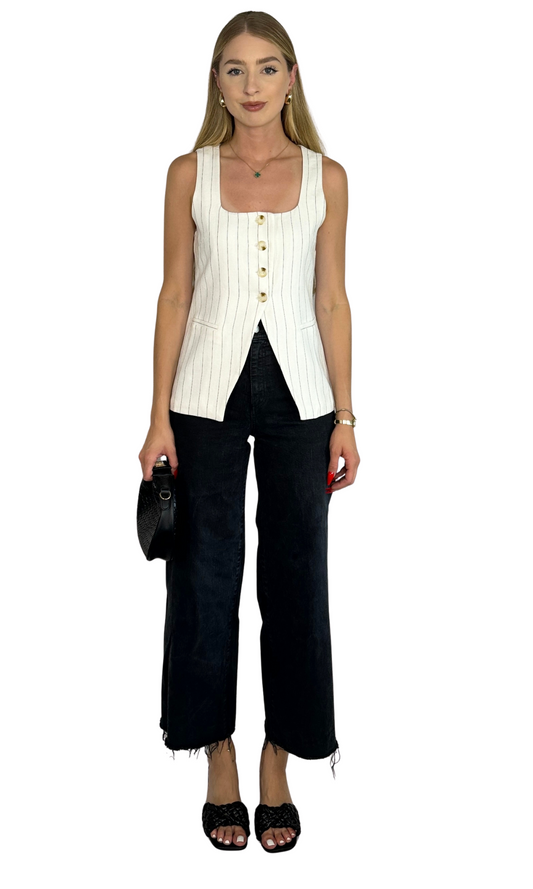 Haven striped vest top in white with thin black stripes, featuring a square neckline and full lining for a polished, playful fit perfect for layering.