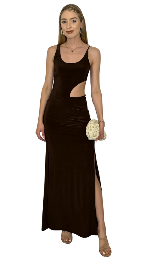 Chocolate brown maxi dress with side and hip cutouts, front slit, and modern, figure-flattering silhouette
