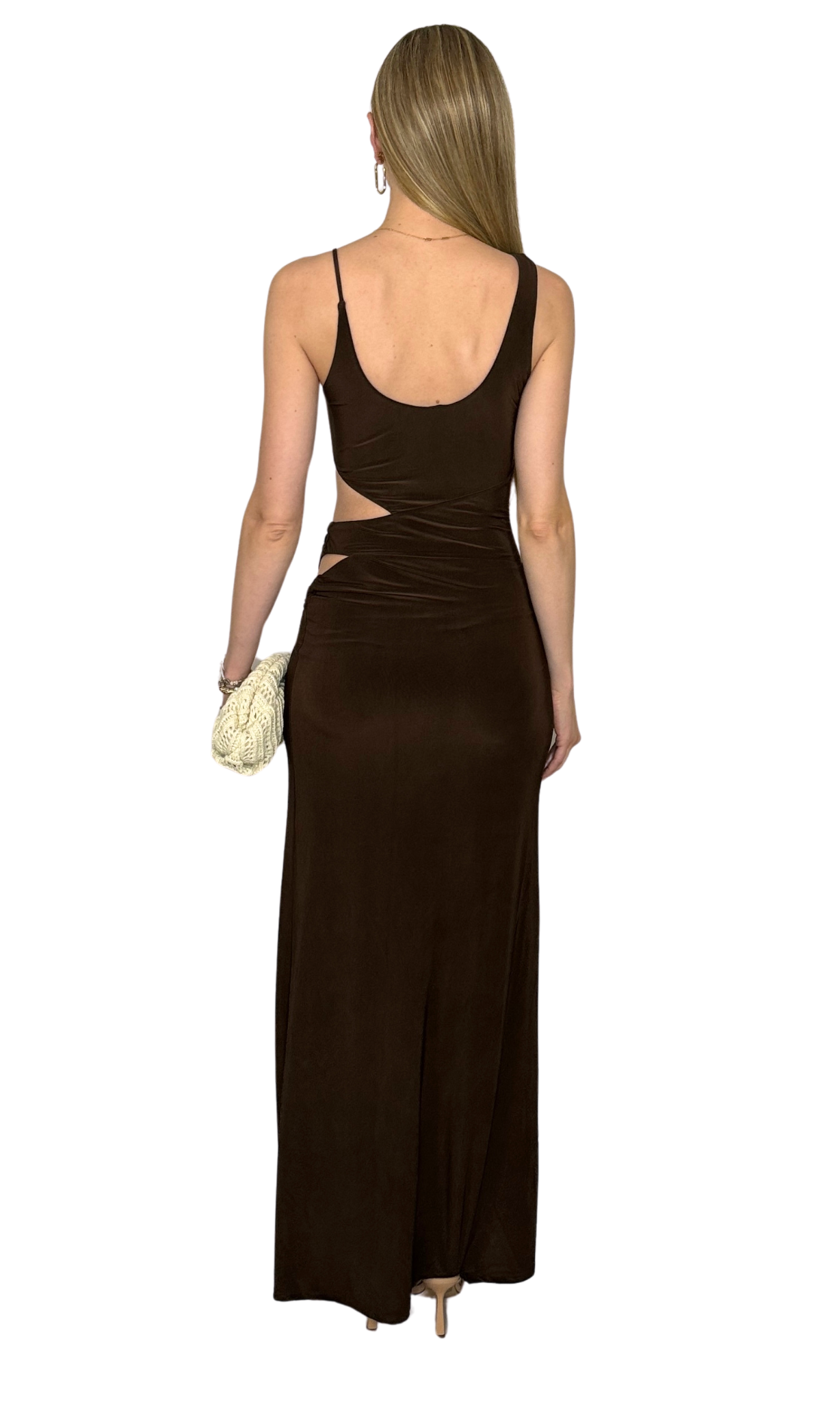 Chocolate brown maxi dress with side and hip cutouts, front slit, and modern, figure-flattering silhouette