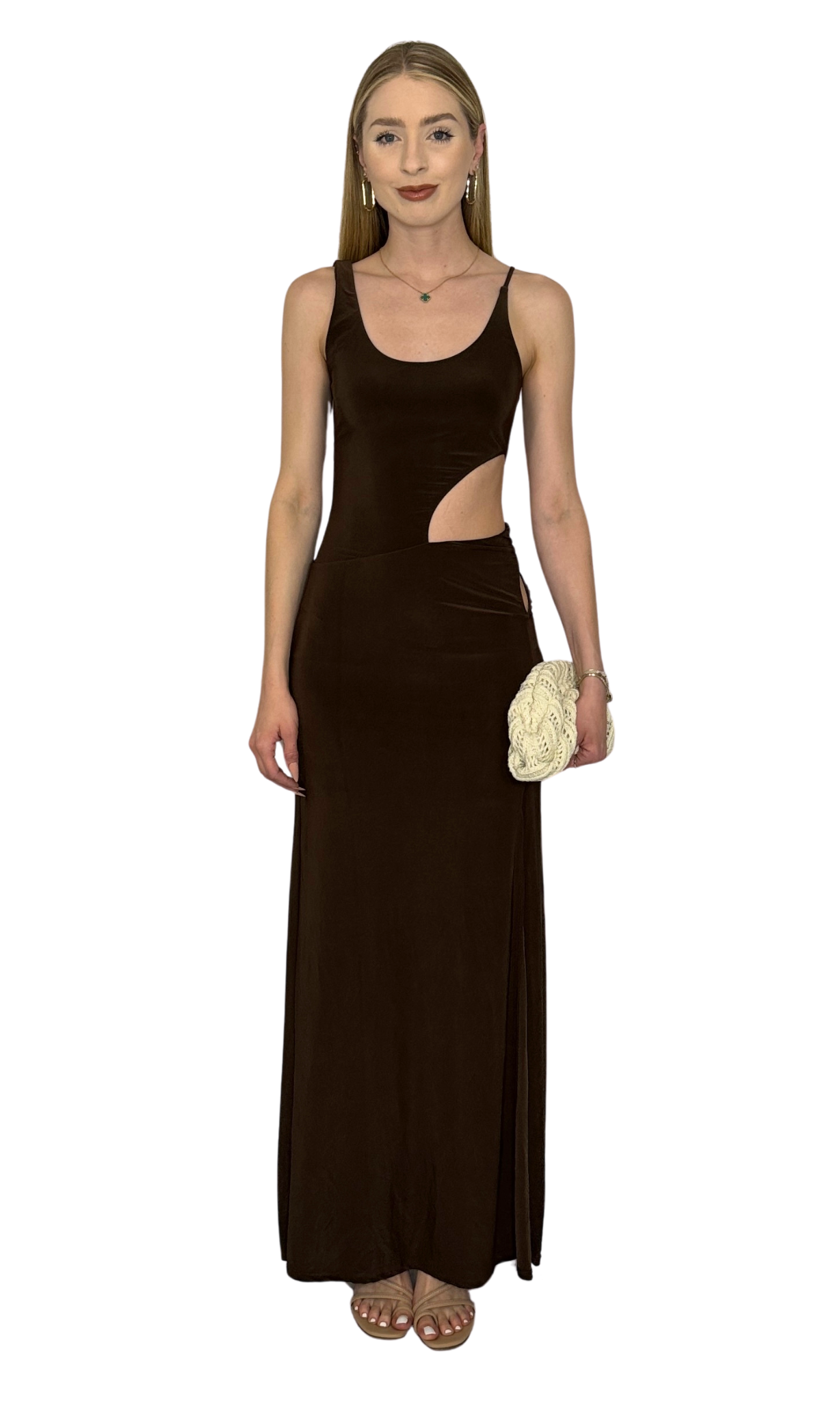 Chocolate brown maxi dress with side and hip cutouts, front slit, and modern, figure-flattering silhouette