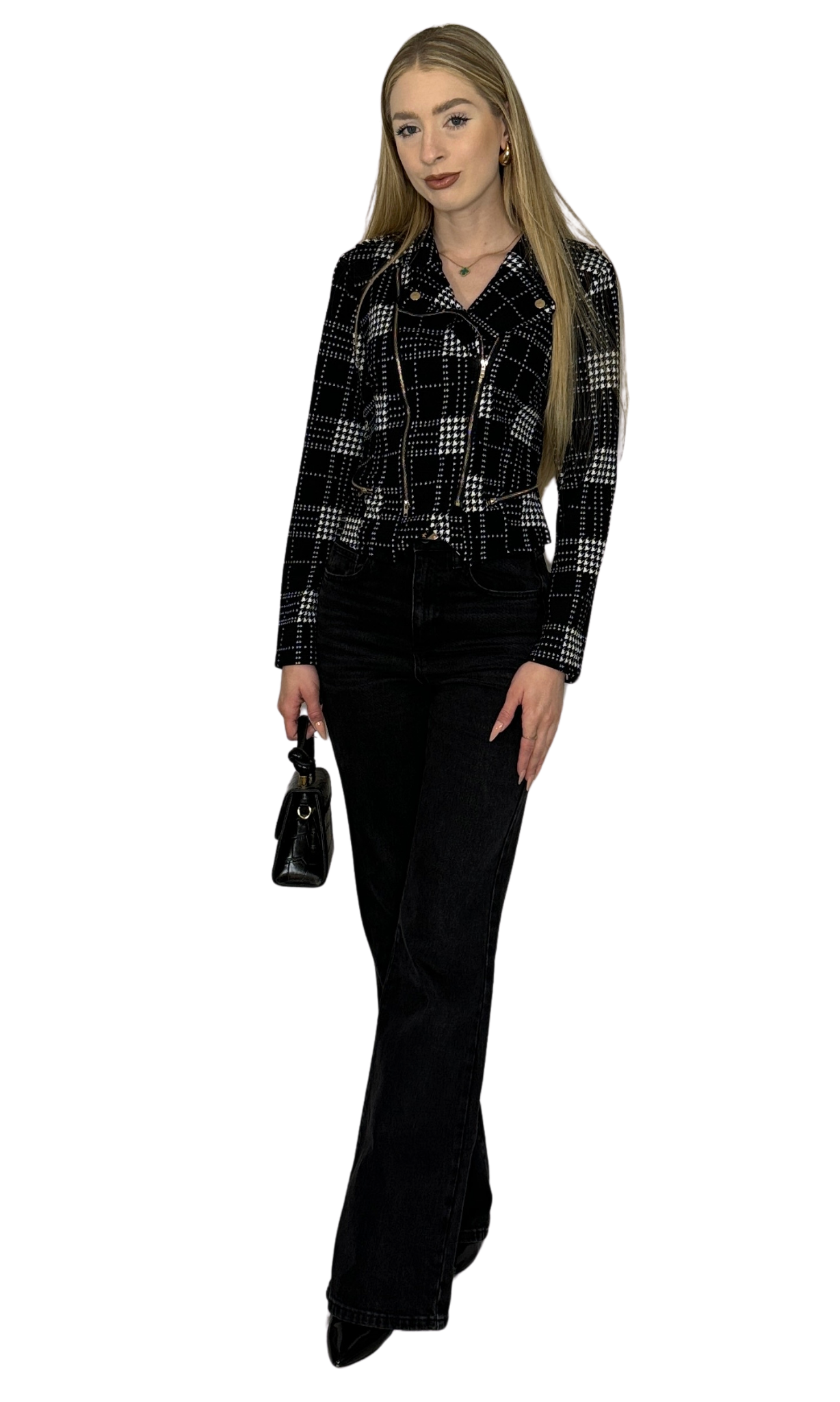Knit houndstooth print motorcycle jacket with decorative snaps, zipper accents, and a functional front zipper for a stylish day-to-night look.