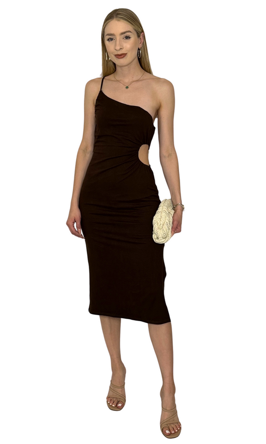 Brown one-shoulder midi dress with side cut-out, side slit, brushed fabric, and adjustable strap