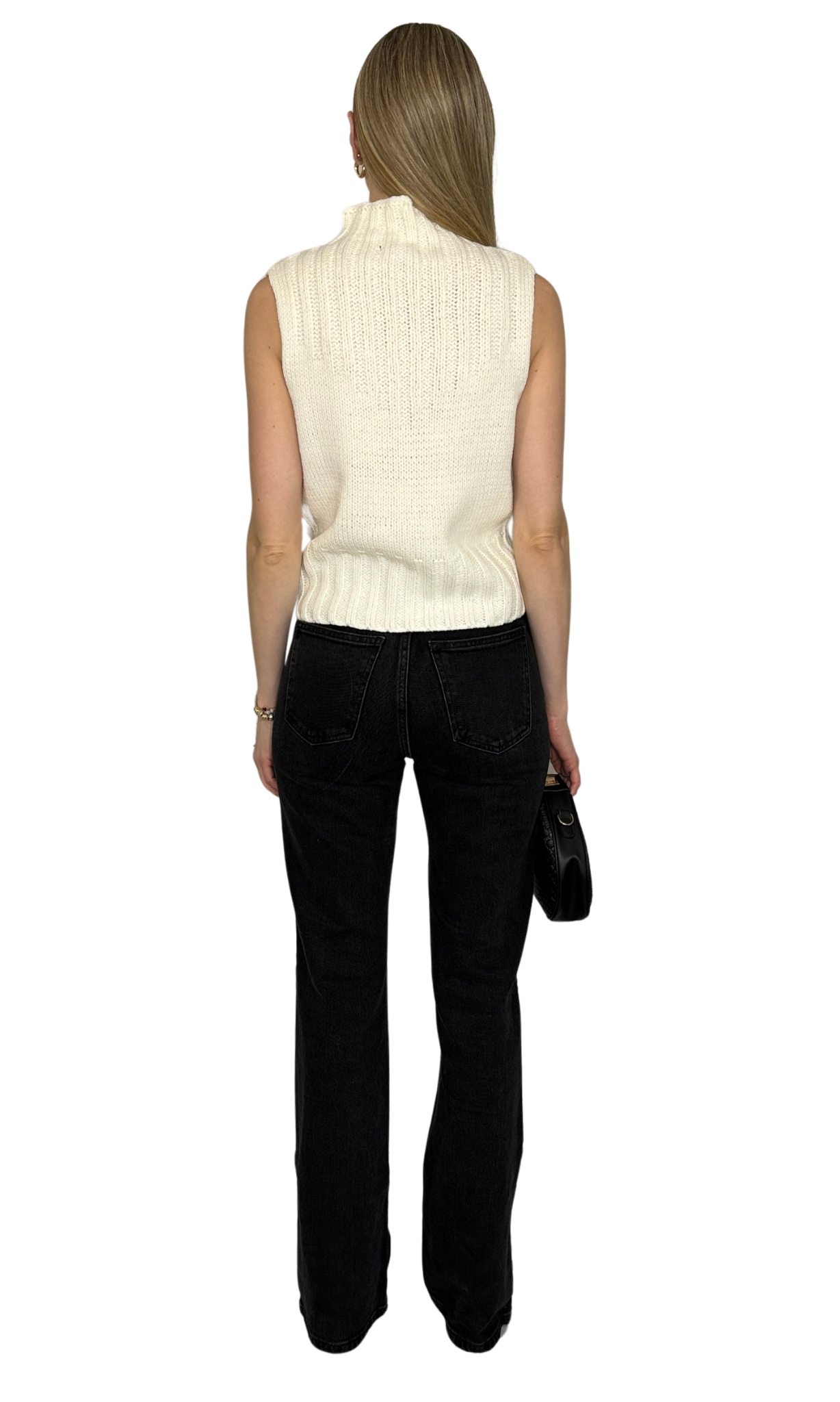 Ivory sleeveless sweater top featuring a sophisticated high neckline, designed for a refined and elegant look — the Cindy Sweater, perfect for elevating any outfit.