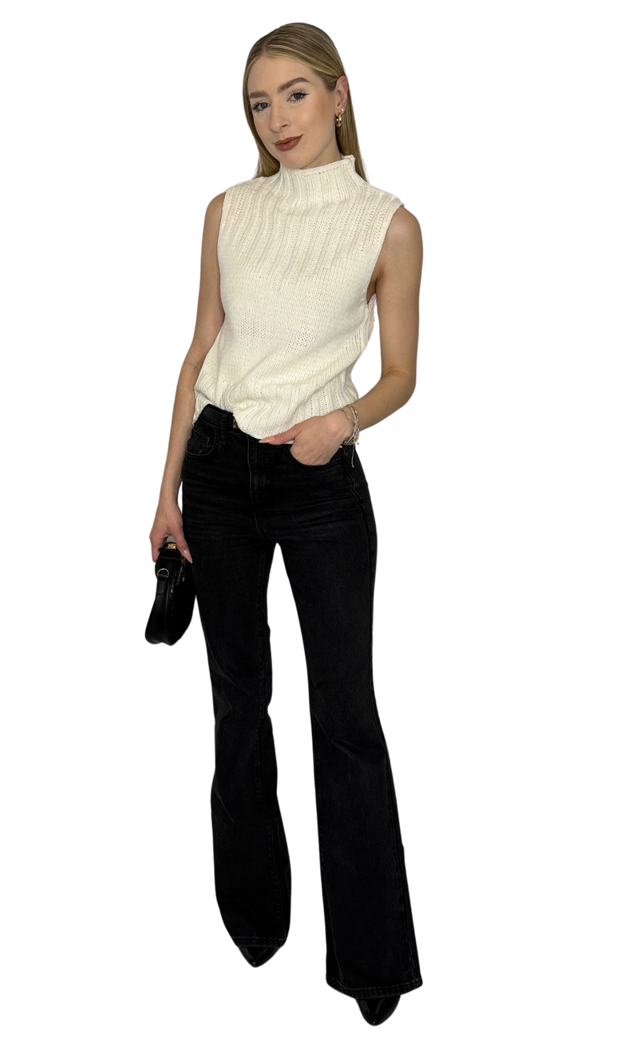 Ivory sleeveless sweater top featuring a sophisticated high neckline, designed for a refined and elegant look — the Cindy Sweater, perfect for elevating any outfit.