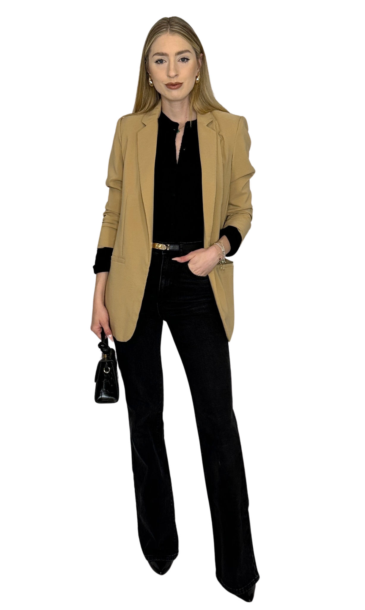 Taupe oversized tailored blazer with rolled sleeves and front pockets, designed for a versatile and stylish fit.