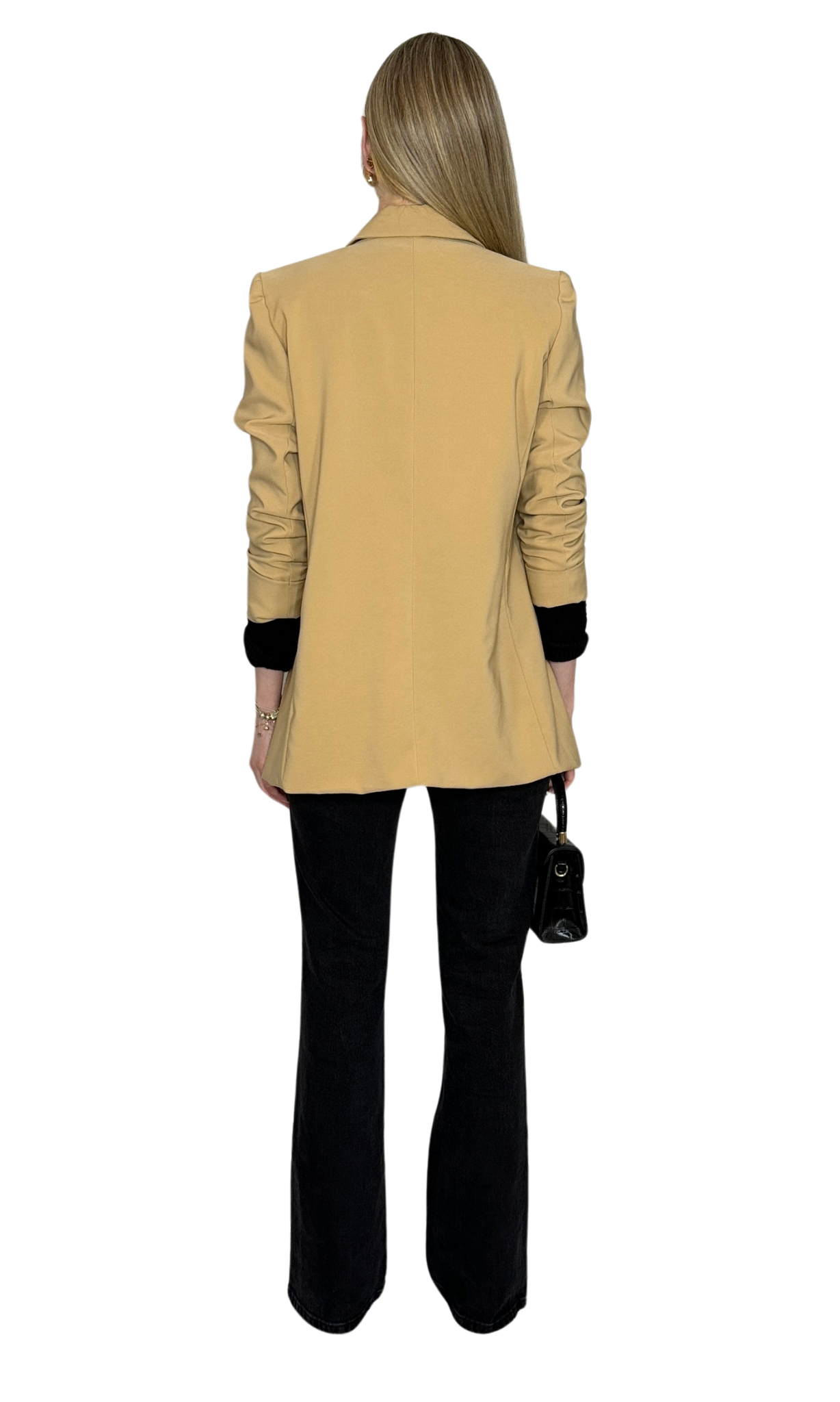 Taupe oversized tailored blazer with rolled sleeves and front pockets, designed for a versatile and stylish fit.