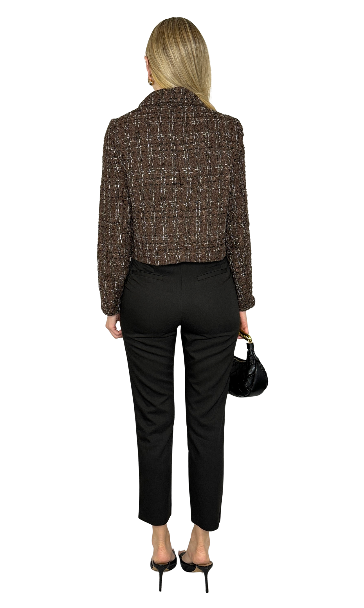 Julie Tweed Jacket featuring long sleeves, gold button detailing, and a sleek welt pocket. A timeless, polished piece perfect for elevating any outfit.