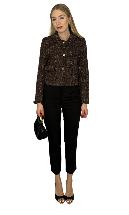 Julie Tweed Jacket featuring long sleeves, gold button detailing, and a sleek welt pocket. A timeless, polished piece perfect for elevating any outfit.