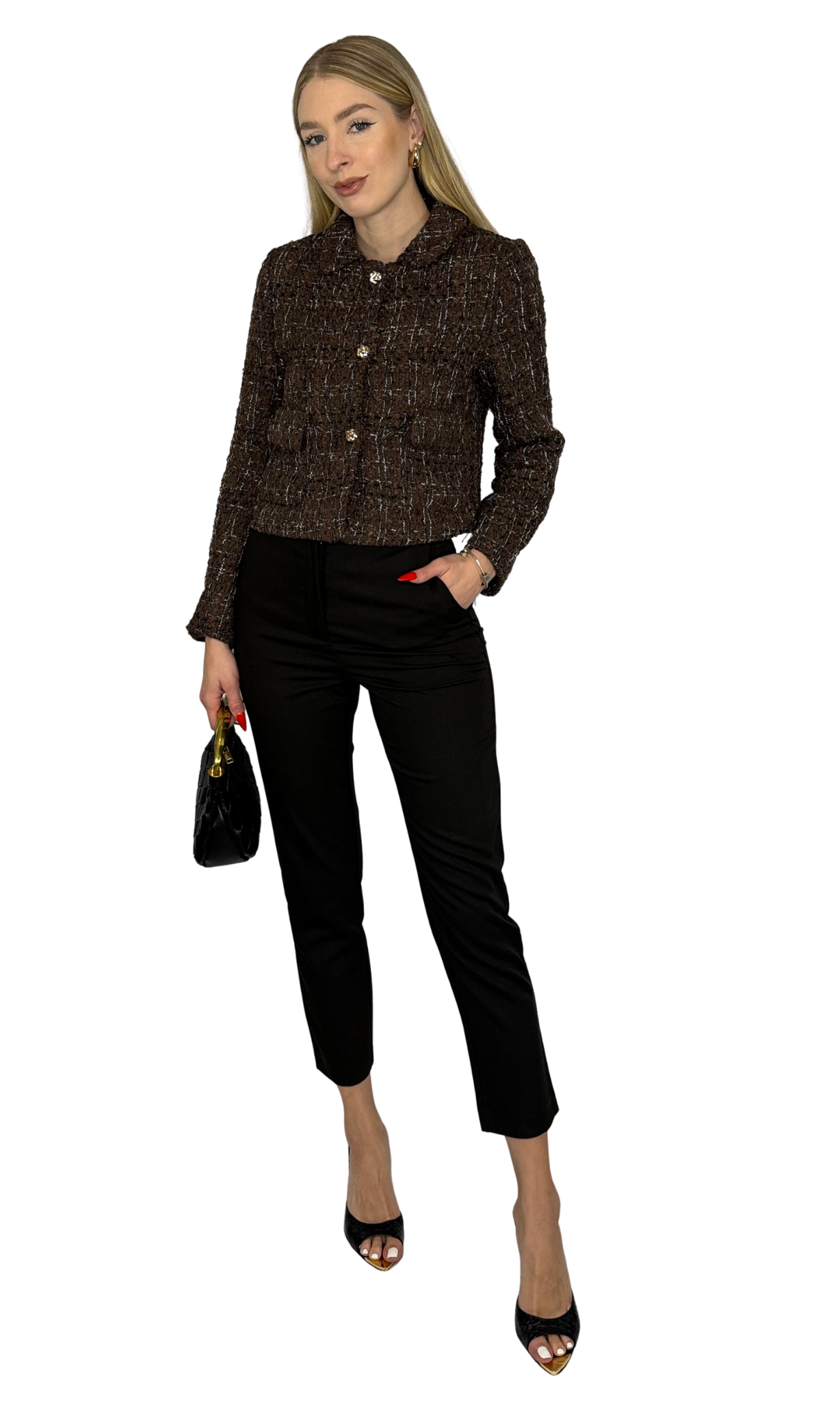 Julie Tweed Jacket featuring long sleeves, gold button detailing, and a sleek welt pocket. A timeless, polished piece perfect for elevating any outfit.