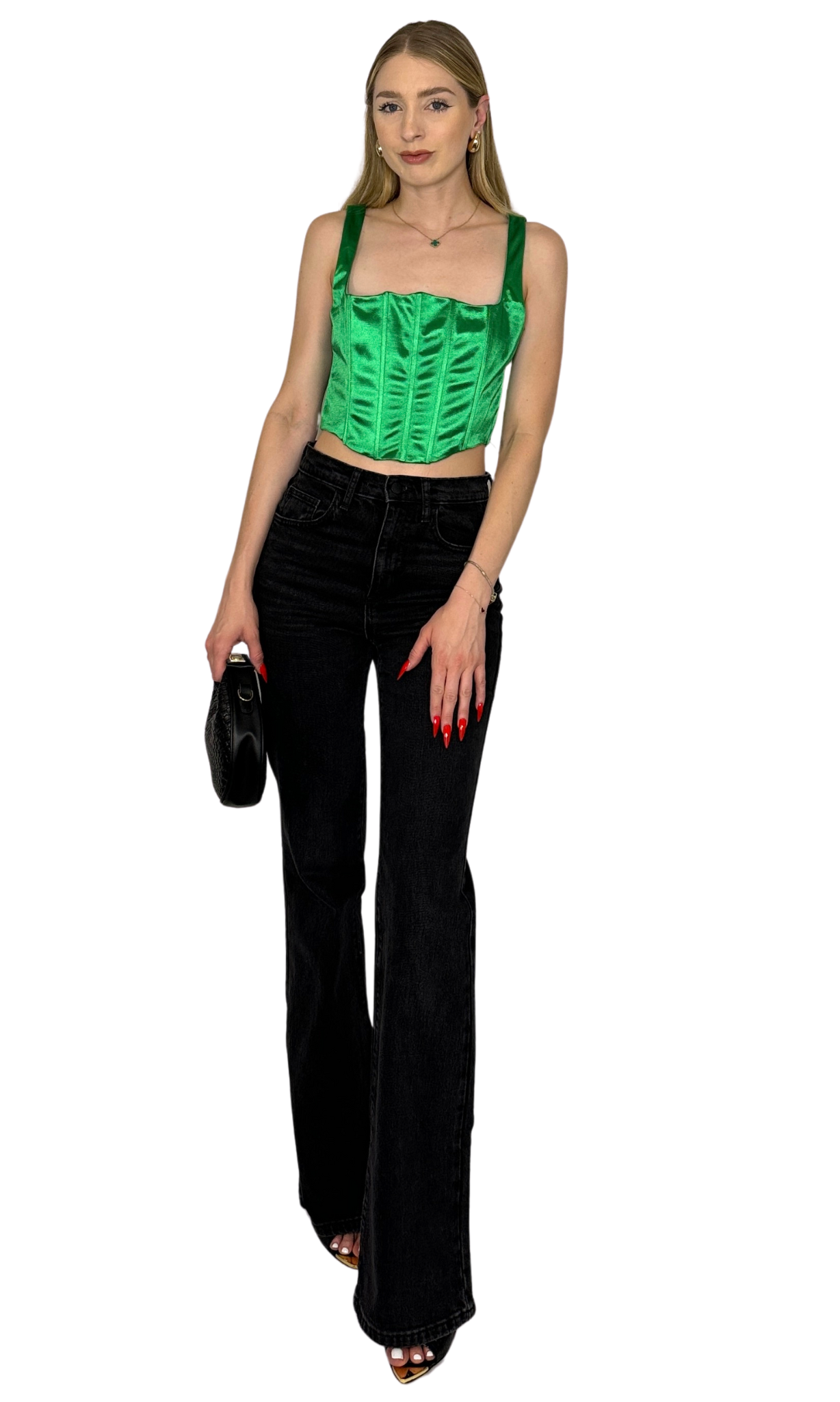 Kelly green corset top featuring boning structure and back zipper, made with stretch fabric for a breathable, tailored fit that enhances an hourglass silhouette.