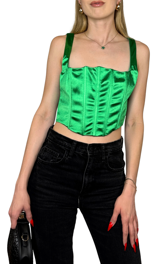 Kelly green corset top featuring boning structure and back zipper, made with stretch fabric for a breathable, tailored fit that enhances an hourglass silhouette.