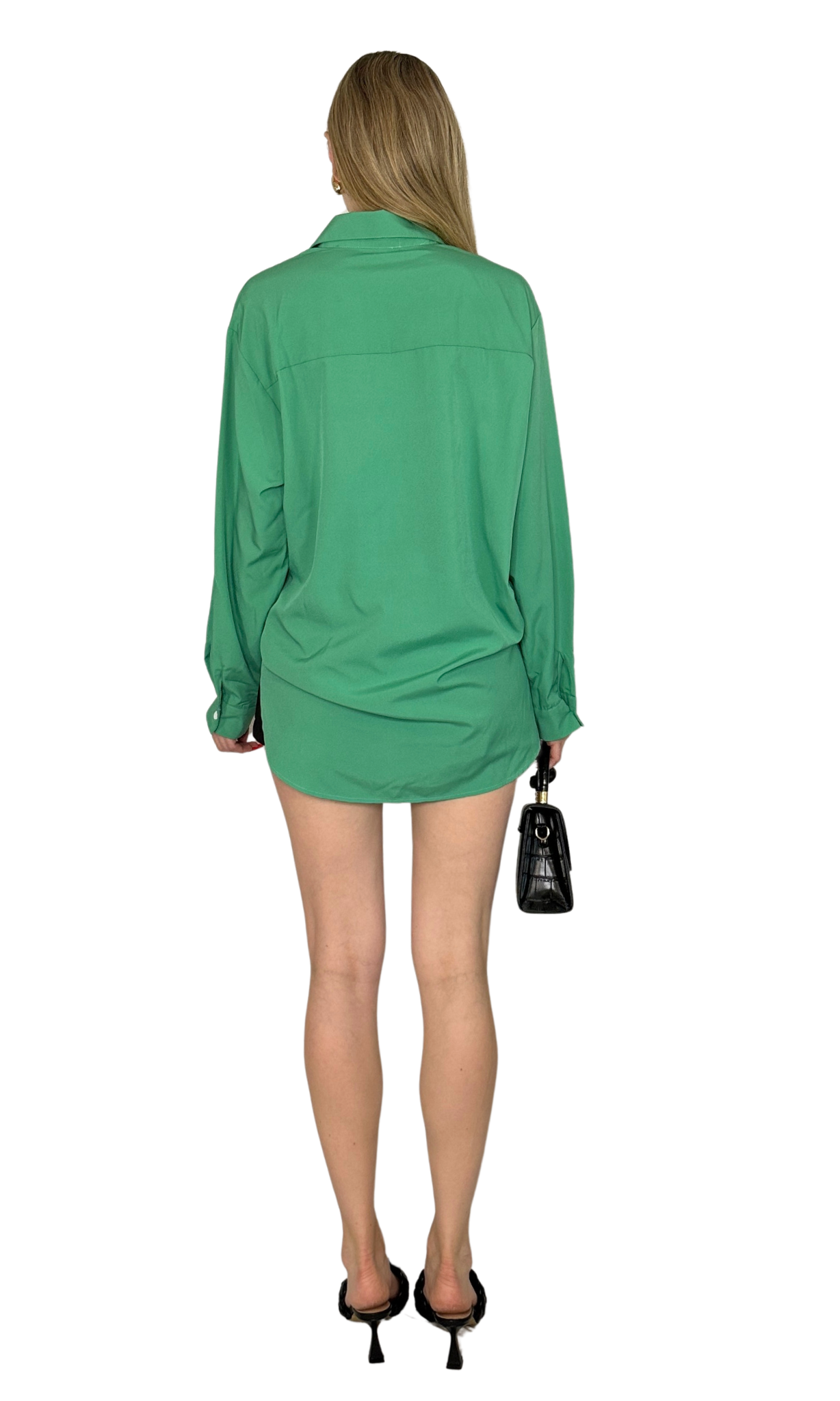 Kennedy button down shirt in vibrant green, featuring a high-low hem with a longer back, single chest pocket, and classic collar for effortless everyday style.