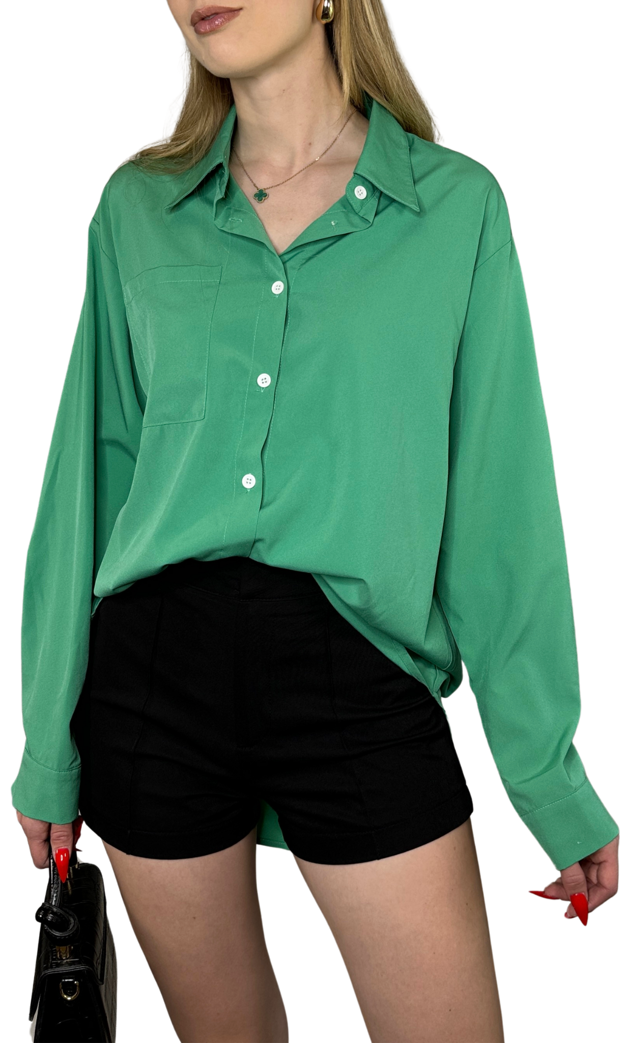 Kennedy button down shirt in vibrant green, featuring a high-low hem with a longer back, single chest pocket, and classic collar for effortless everyday style.