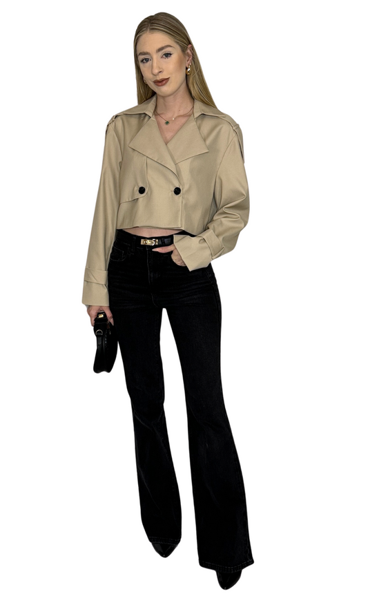 Khaki cropped trench jacket with elegant tailored design, versatile layering piece for a chic wardrobe.
