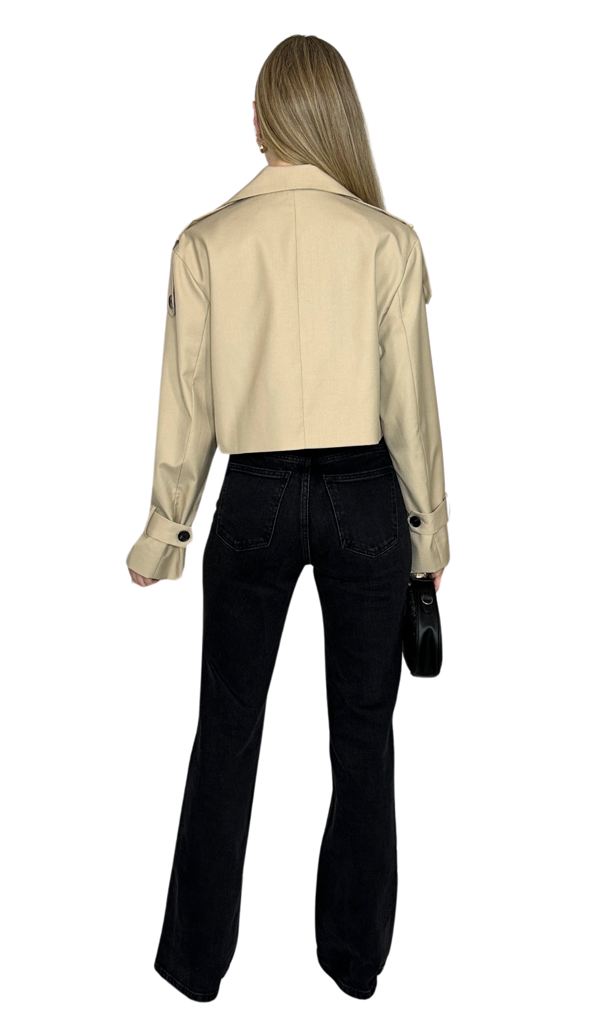 Khaki cropped trench jacket with elegant tailored design, versatile layering piece for a chic wardrobe.