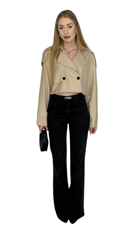 Khaki cropped trench jacket with elegant tailored design, versatile layering piece for a chic wardrobe.