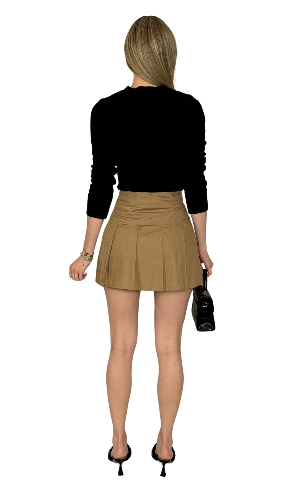 Women's khaki pleated skirt with hidden side zipper – versatile, seasonless wardrobe staple with smooth, flattering fit