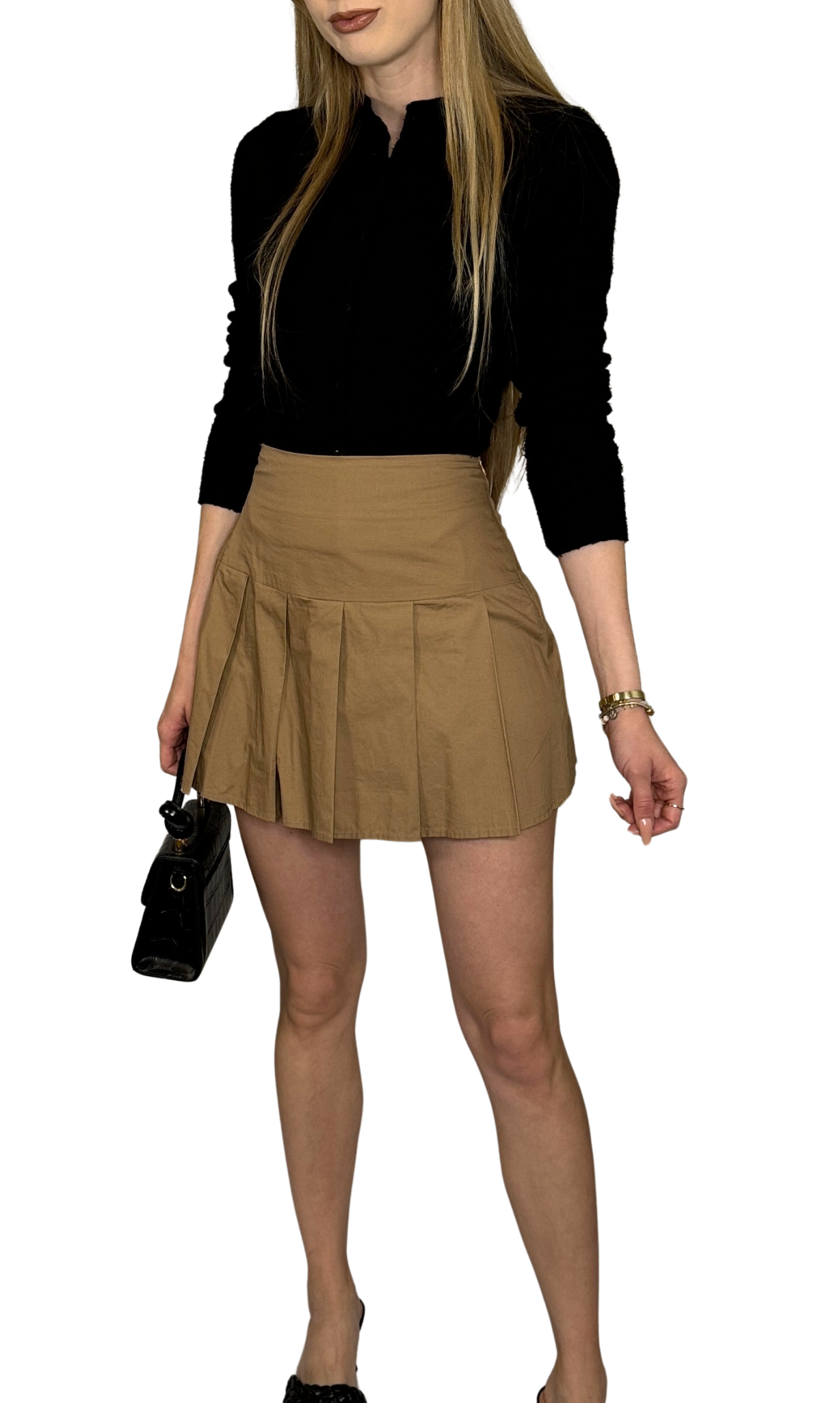 Women's khaki pleated skirt with hidden side zipper – versatile, seasonless wardrobe staple with smooth, flattering fit