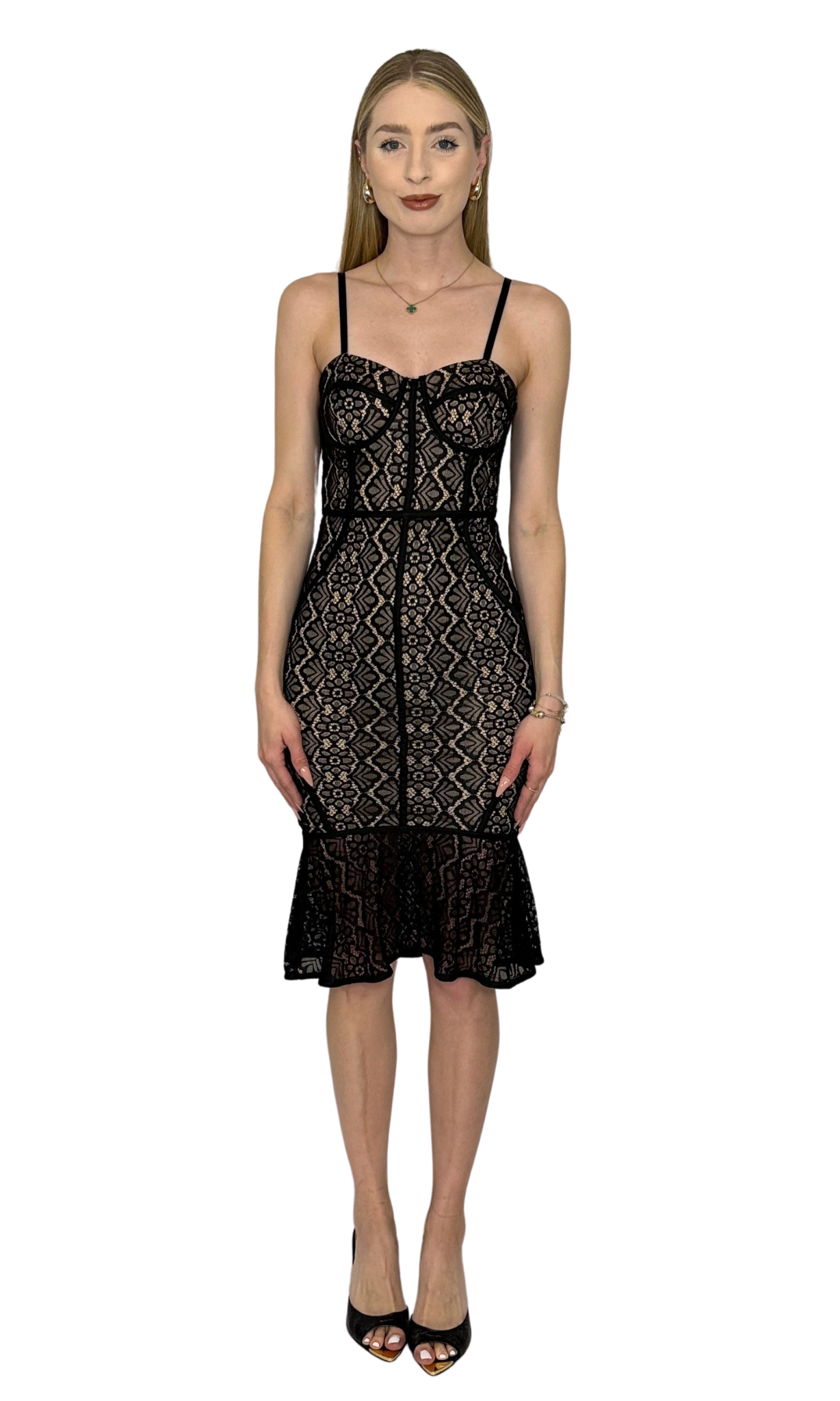 Little black lace bodycon dress featuring a sweetheart neckline, adjustable straps, and a hidden back zipper, designed for timeless comfort and excellent support for all-night wear.