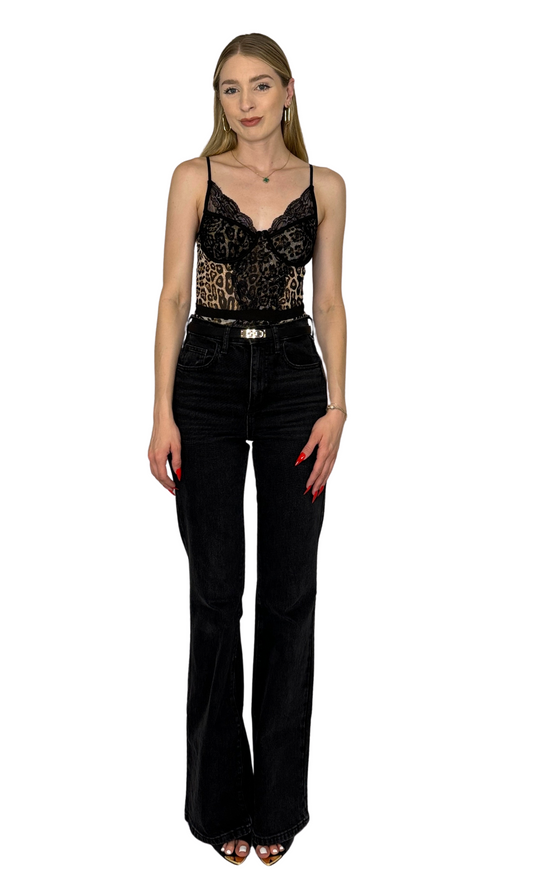 Cheetah print mesh bodysuit with lace trim, underwire support, adjustable straps, and thong-style hook and eye closure.