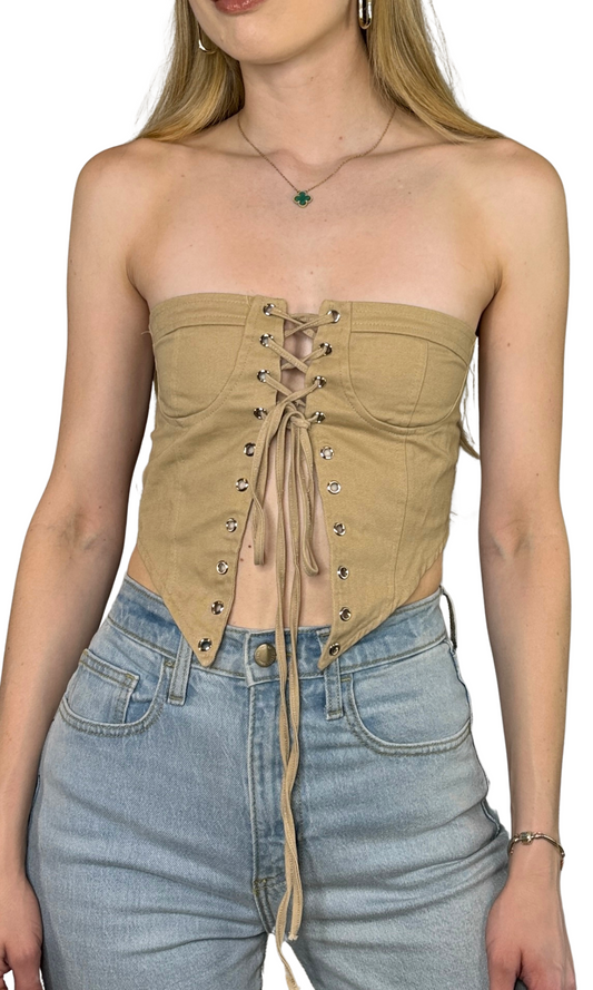 Lightweight cotton blend lace up corset top tailored for a slim fit, designed to accentuate curves and create a flattering hourglass silhouette while offering all-day comfort.