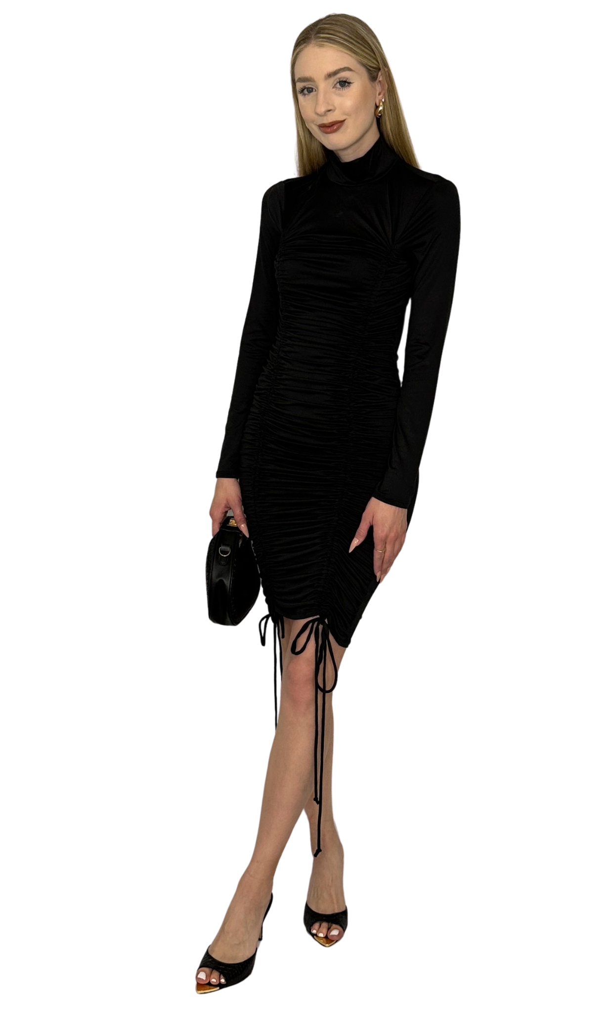 Long-sleeved black dress featuring a mock neckline, full ruching, and ties at the front hem, made from lightweight silky smooth fabric for a comfortable, flattering fit and effortless style.