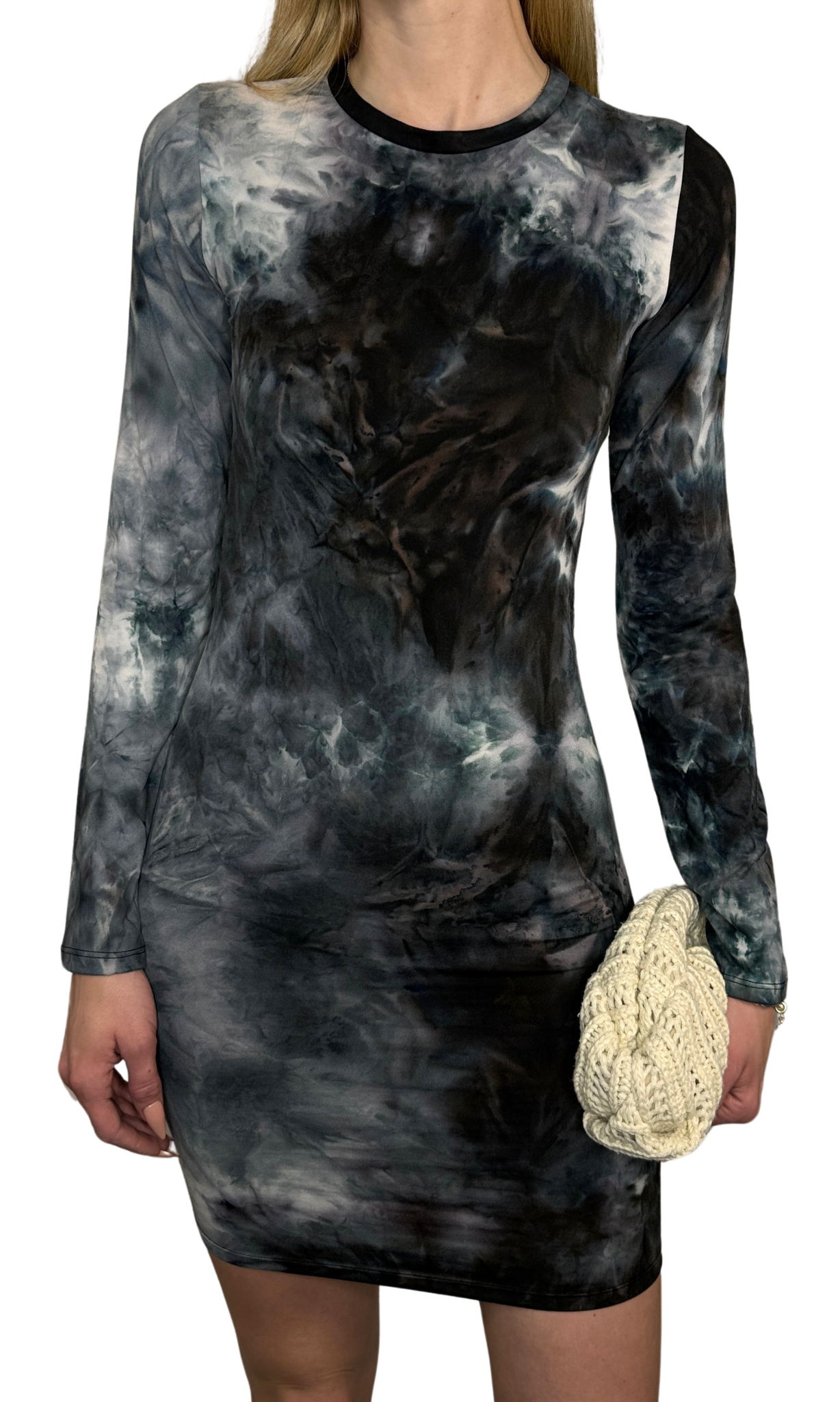 Long sleeve tie-dye mini dress in dark blue, gray, and black with a crew neck, made from super soft, lightweight, and breathable fabric for all-day comfort and a form-fitting silhouette.