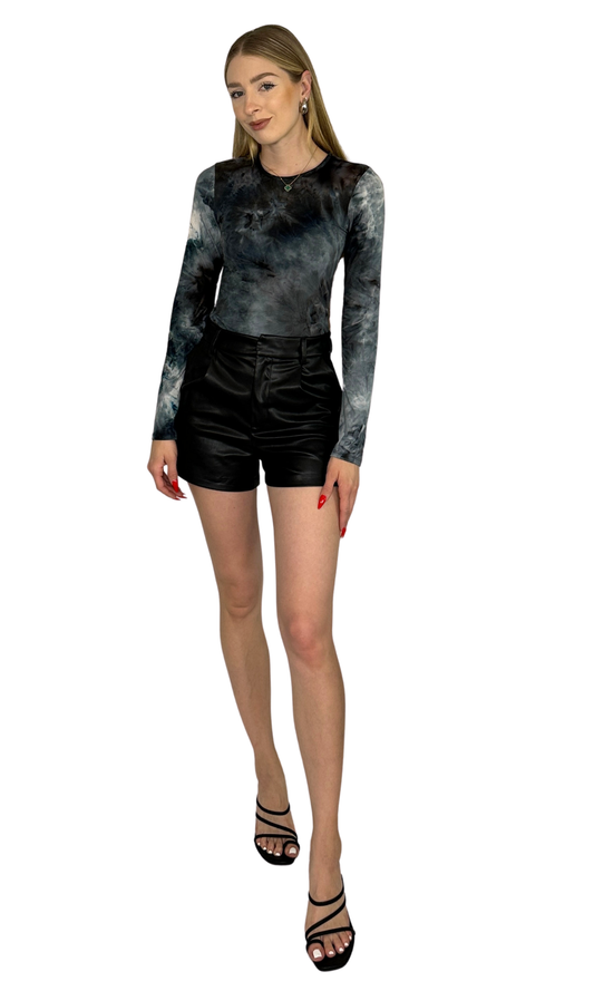 Long sleeve tie-dye bodysuit featuring a crew neckline, snap closure at the crotch, and a flattering bikini-thong hybrid bottom cut in lightweight, breathable fabric.