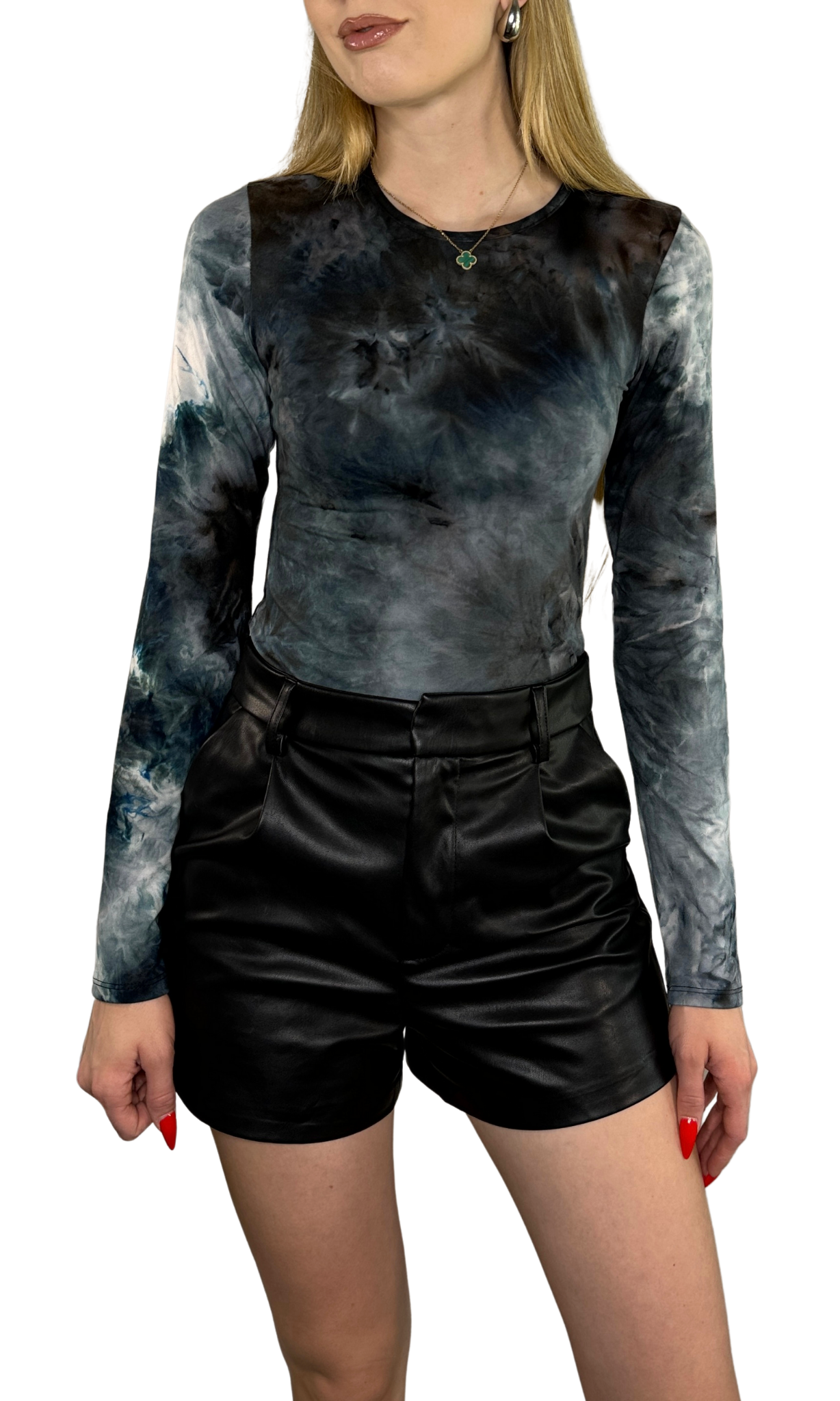 Long sleeve tie-dye bodysuit featuring a crew neckline, snap closure at the crotch, and a flattering bikini-thong hybrid bottom cut in lightweight, breathable fabric.